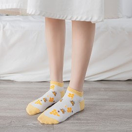 5 pairs Cute and Comfy Bee and Checkered Print Low Cut Ankle Socks for Women