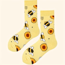 Music Festival Cartoon Bee Print Socks, Comfy & Cute Mid Tube Socks, Women's Stockings & Hosiery