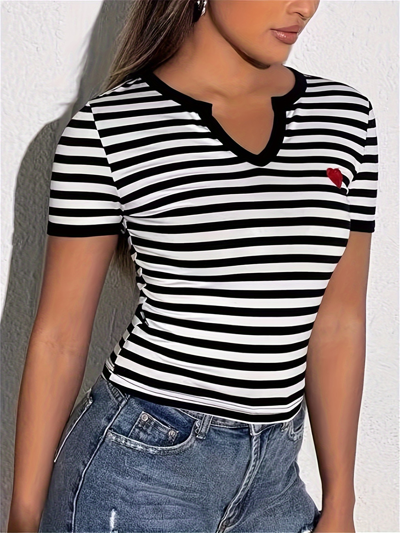 heart striped print slim t shirt casual notched neck short sleeve top womens clothing details 0