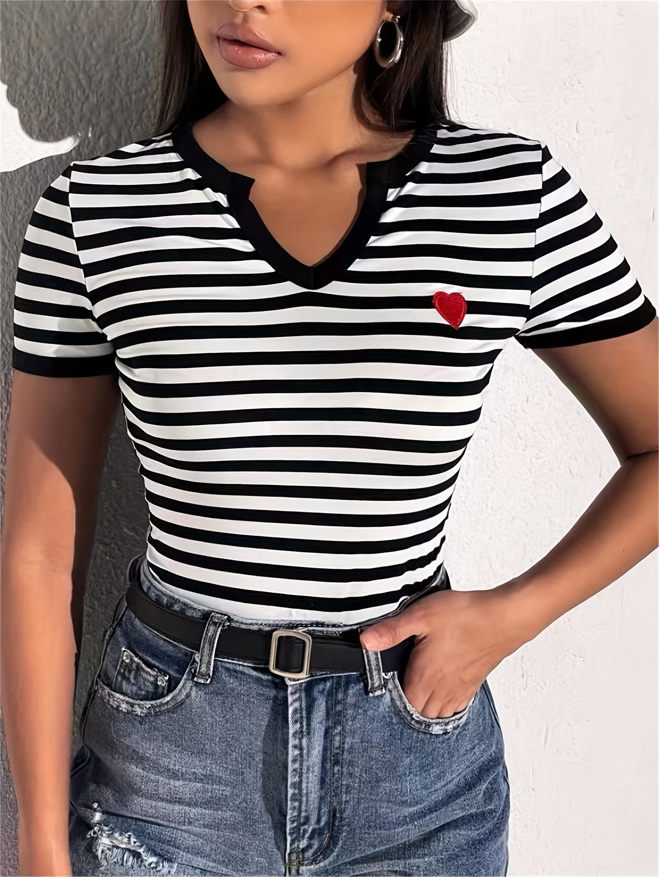 heart striped print slim t shirt casual notched neck short sleeve top womens clothing details 1