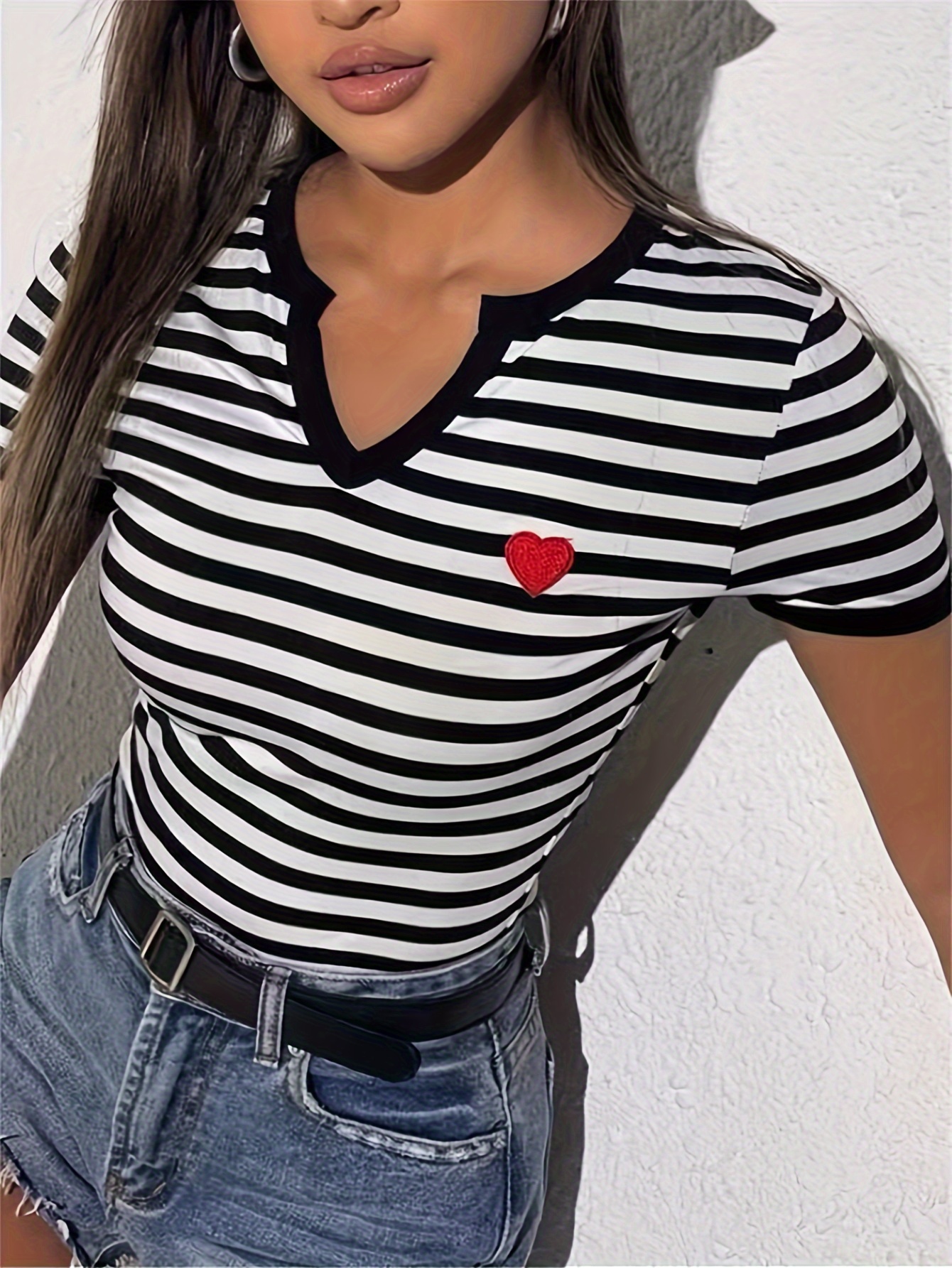 heart striped print slim t shirt casual notched neck short sleeve top womens clothing details 2