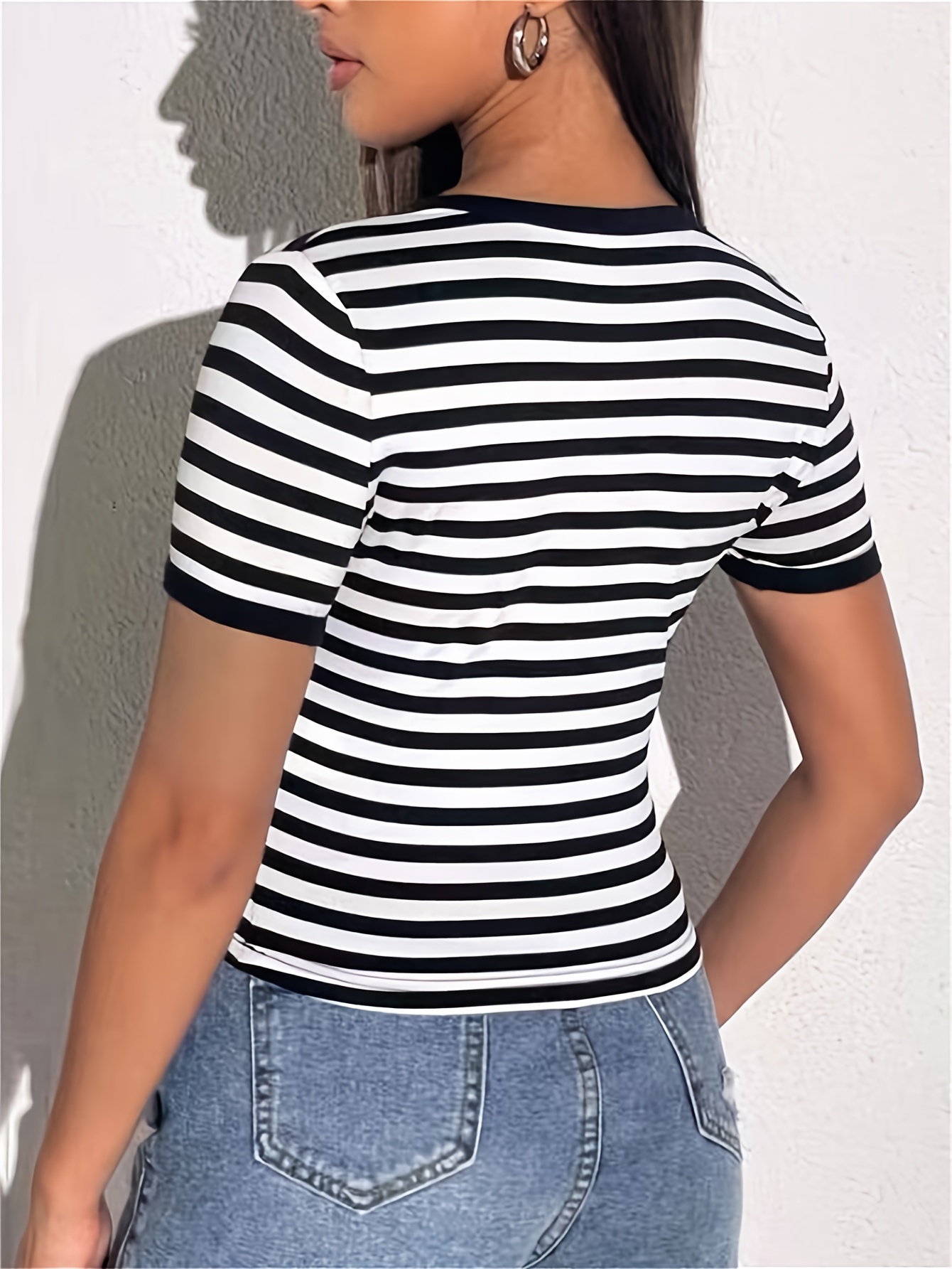 heart striped print slim t shirt casual notched neck short sleeve top womens clothing details 3