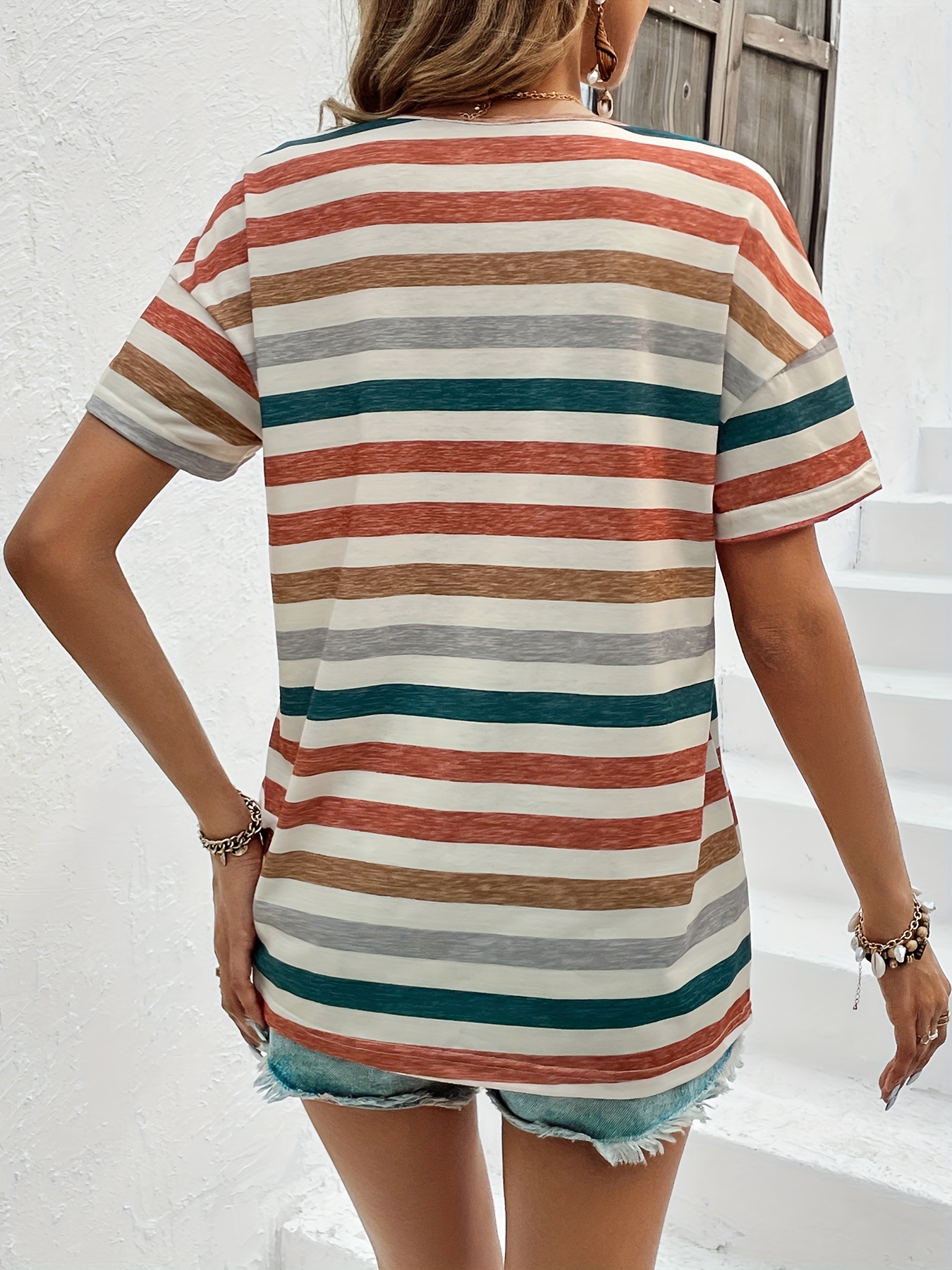 vintage striped t shirt v neck short sleeve t shirt casual every day tops womens clothing details 6