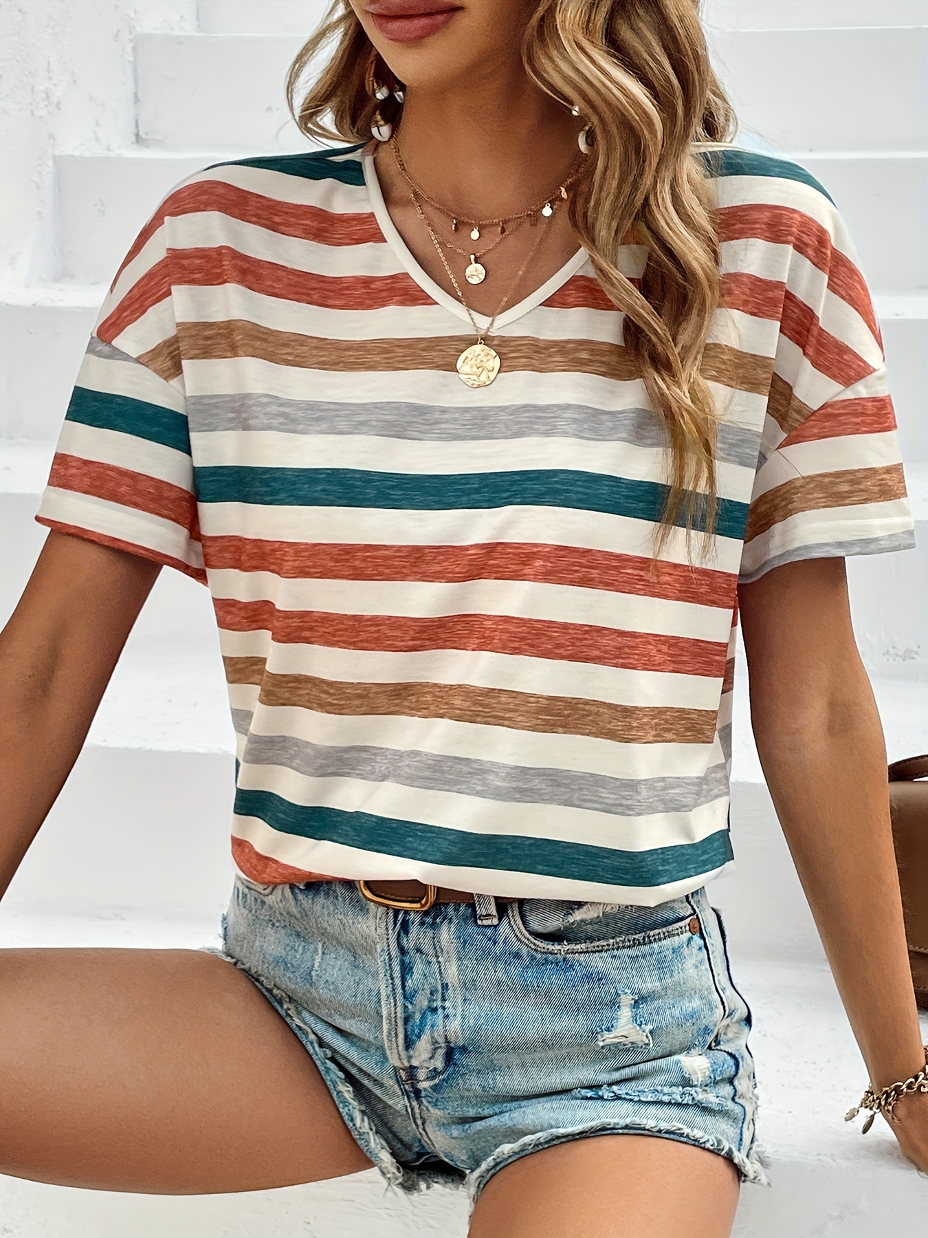 vintage striped t shirt v neck short sleeve t shirt casual every day tops womens clothing details 8