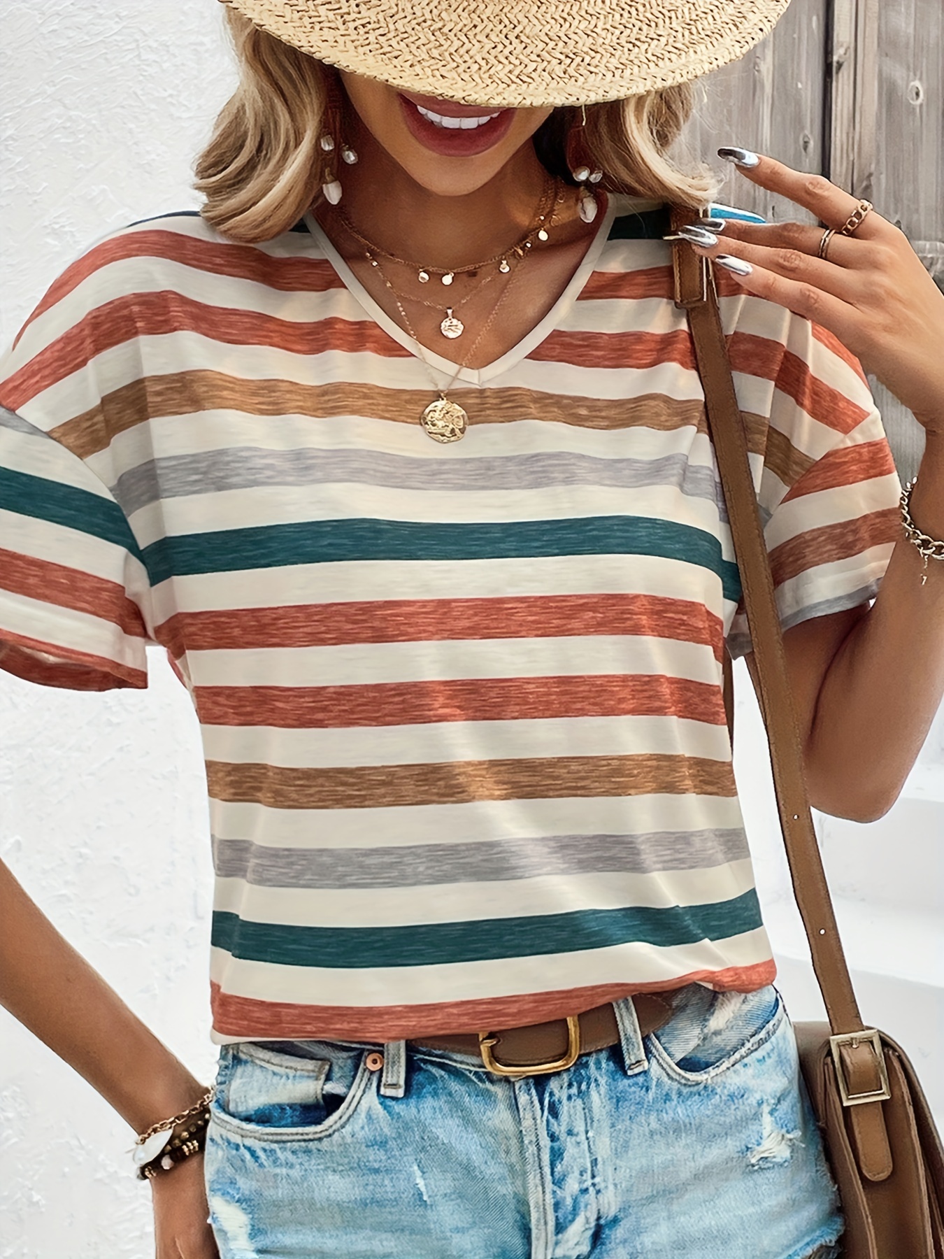 vintage striped t shirt v neck short sleeve t shirt casual every day tops womens clothing details 11