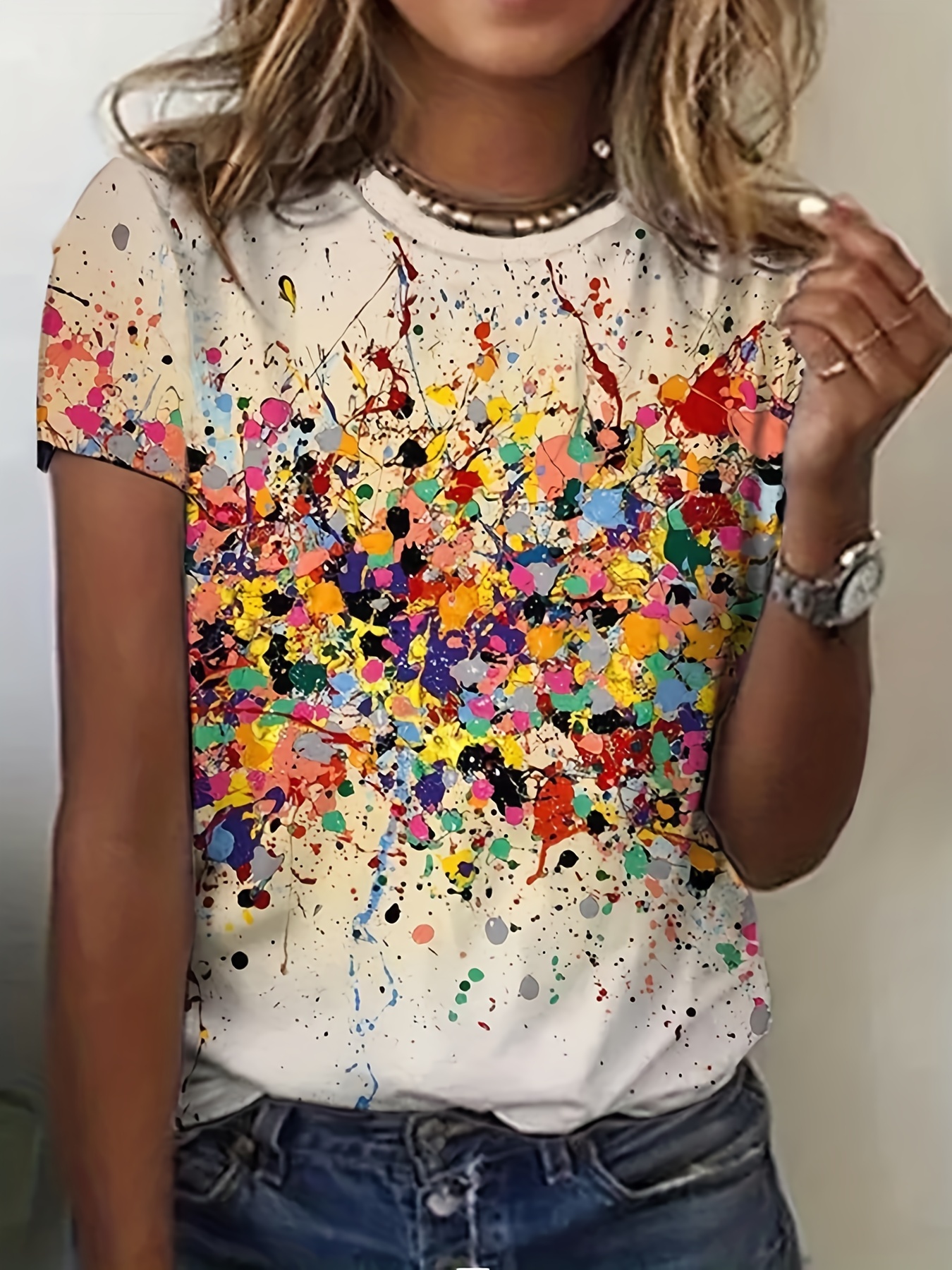 colorful abstract print crew neck t shirt casual short sleeve top for spring summer womens clothing details 3