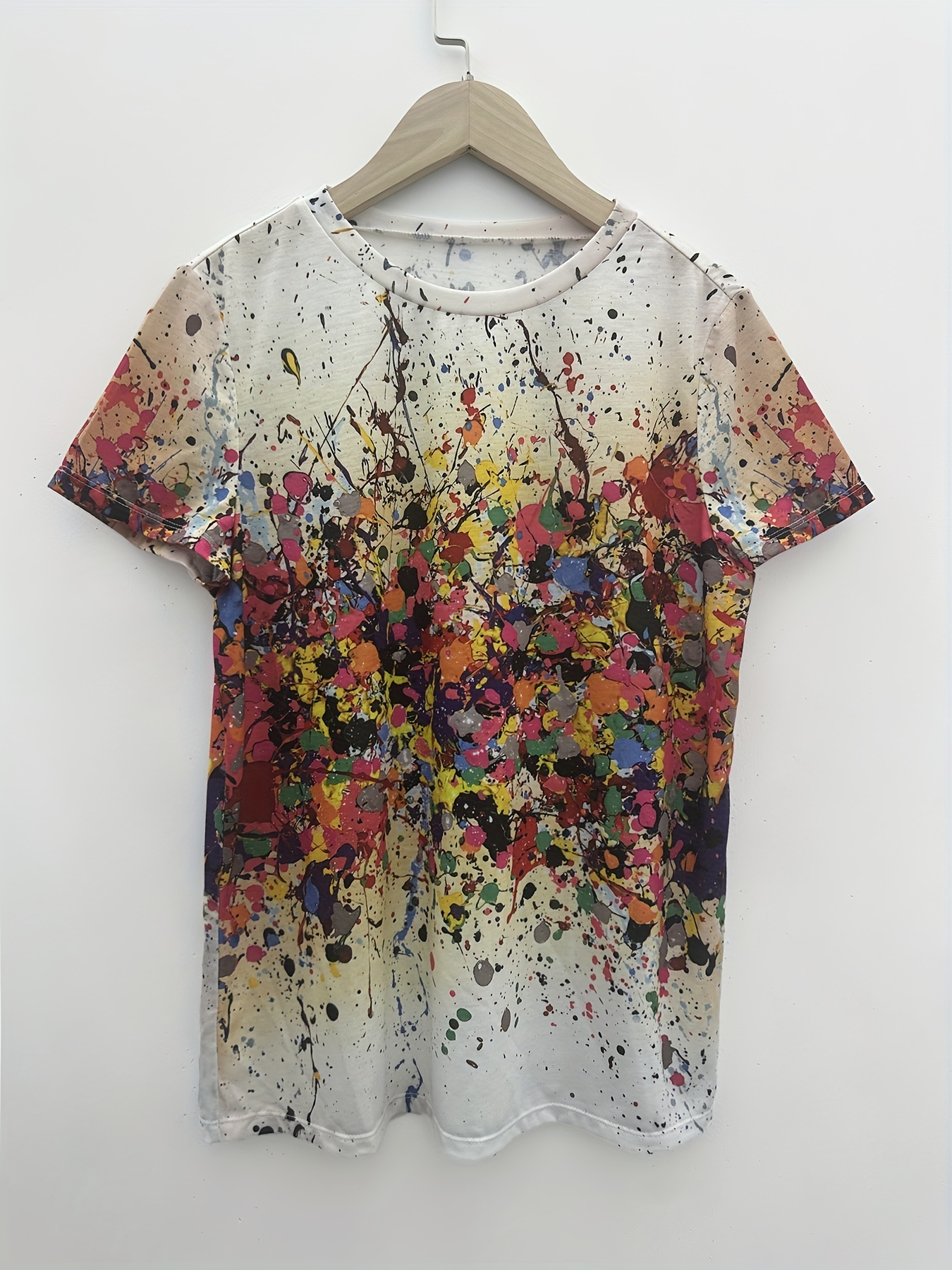 colorful abstract print crew neck t shirt casual short sleeve top for spring summer womens clothing details 4