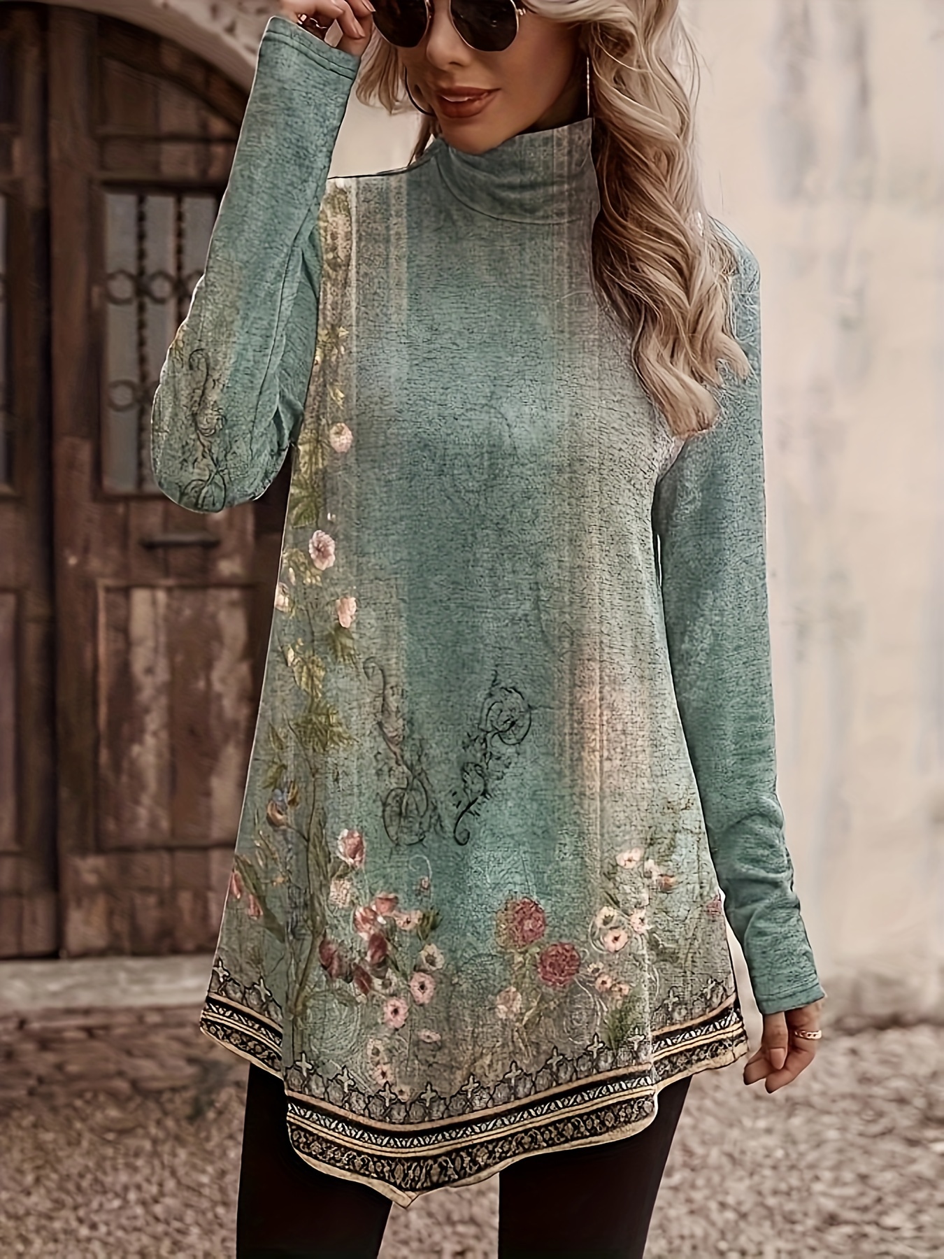 floral print turtleneck t shirt casual long sleeve top for spring fall womens clothing details 17