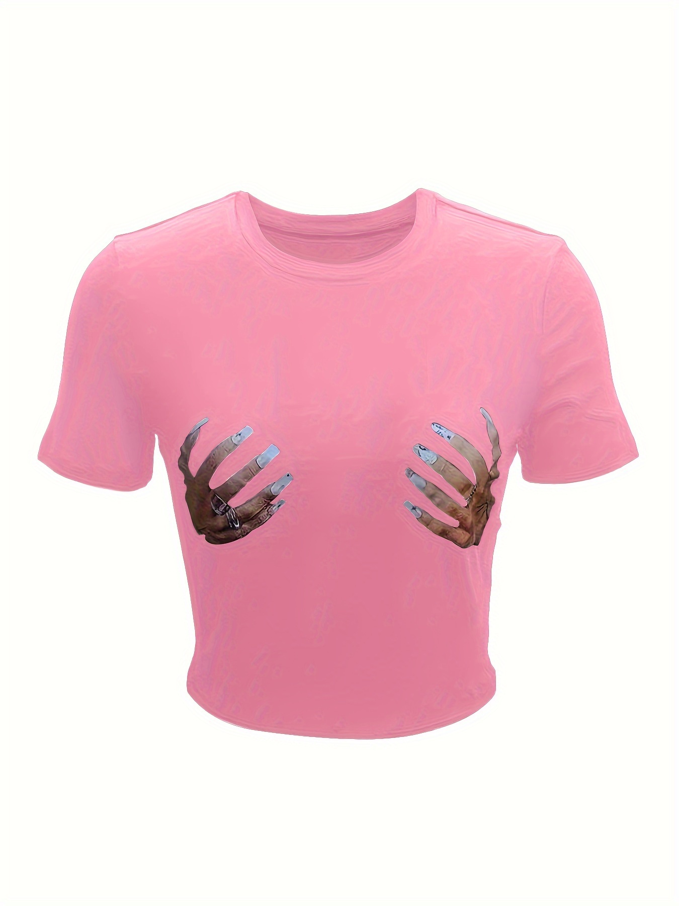 hands print crop t shirt casual crew neck short sleeve top for summer womens clothing details 17