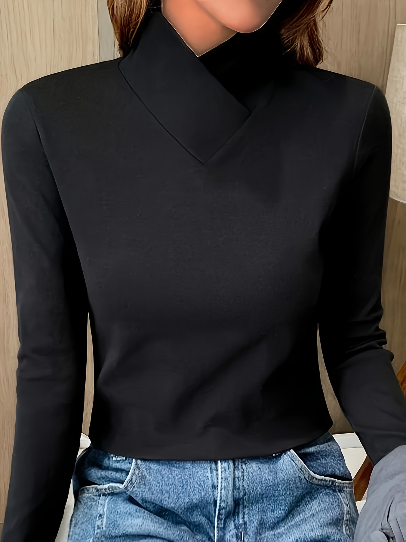 solid mock neck t shirt casual long sleeve top for fall winter womens clothing details 0