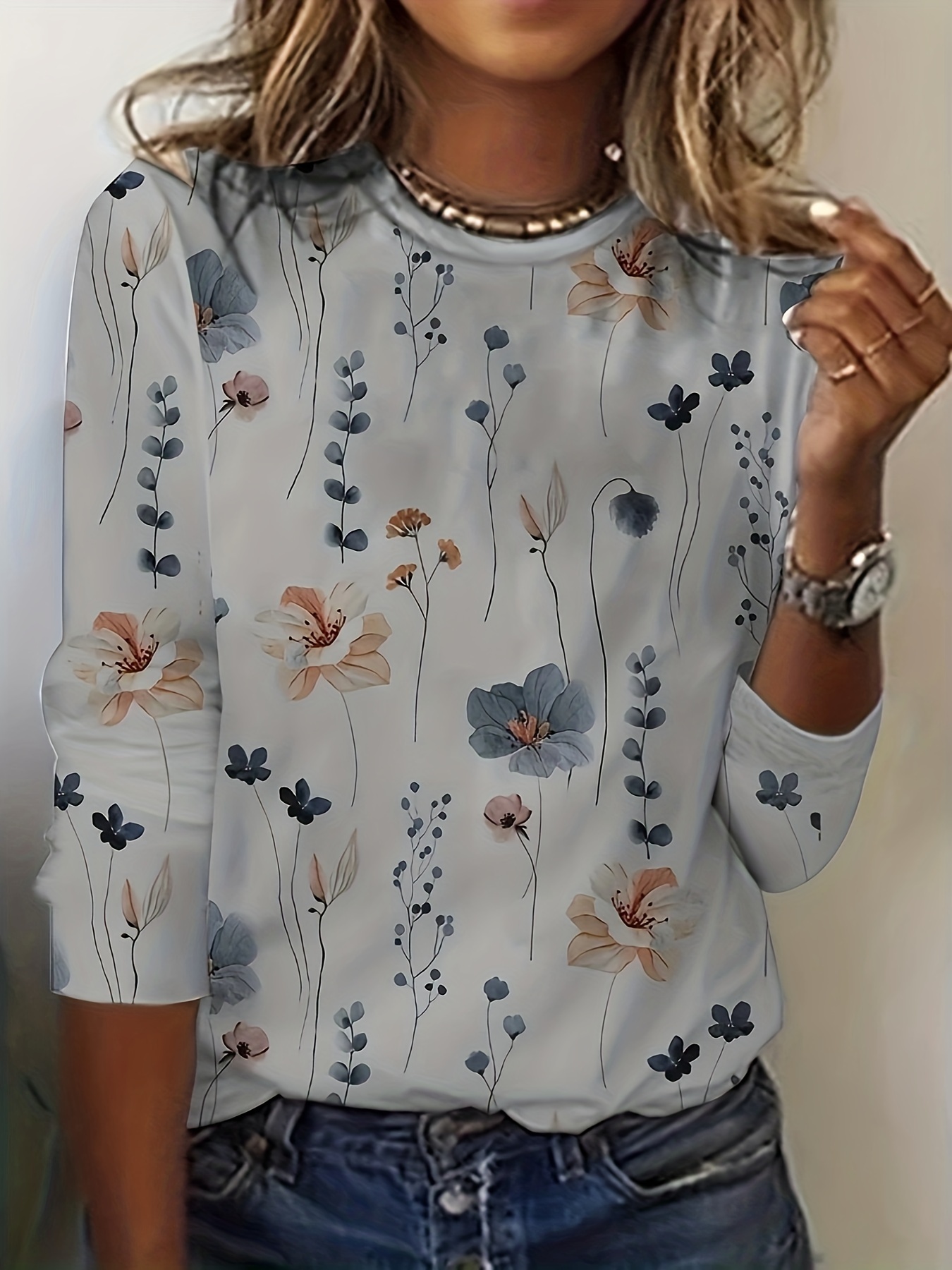 floral print crew neck t shirt casual long sleeve t shirt for spring summer womens clothing details 5