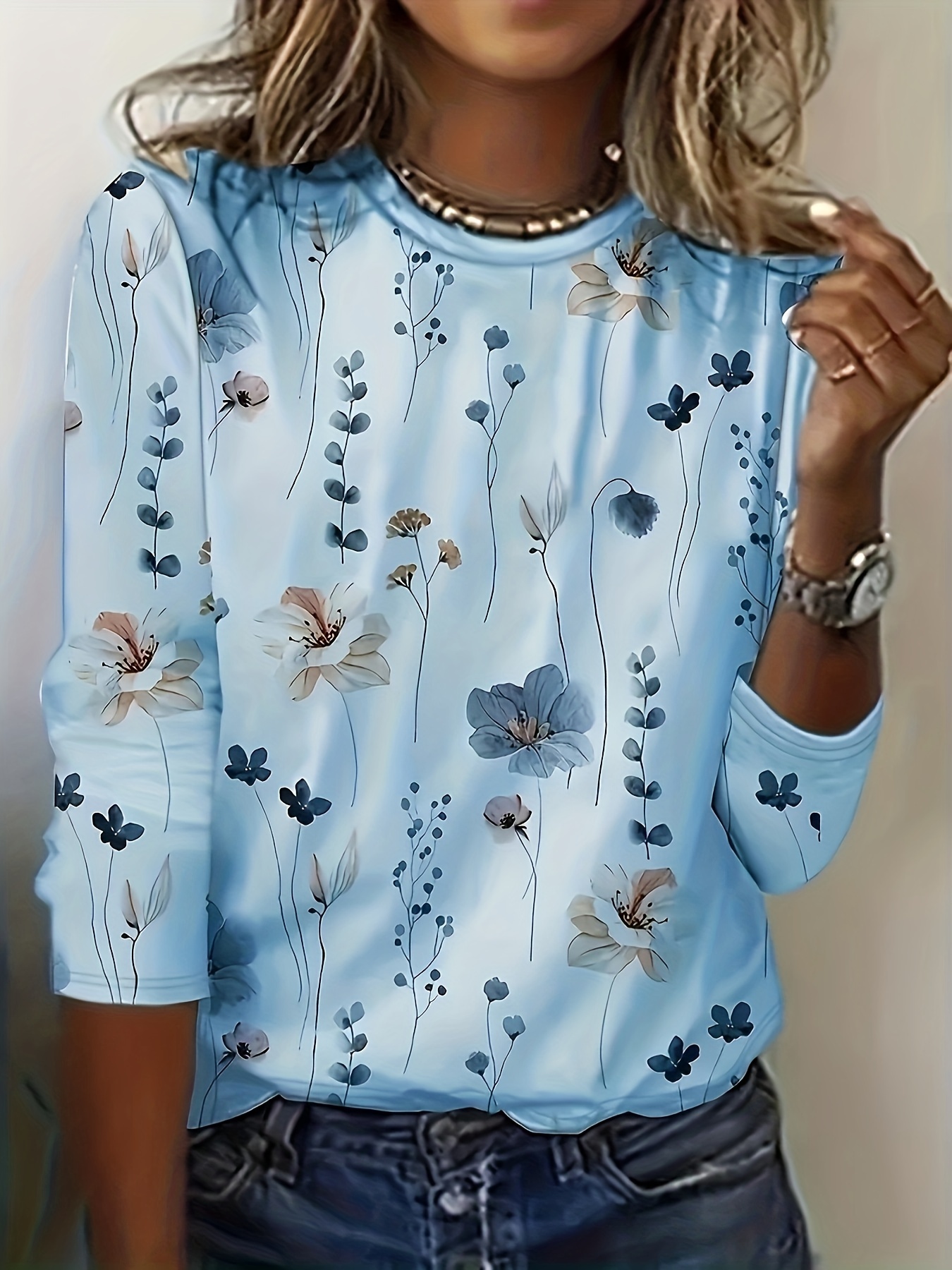 floral print crew neck t shirt casual long sleeve t shirt for spring summer womens clothing details 15