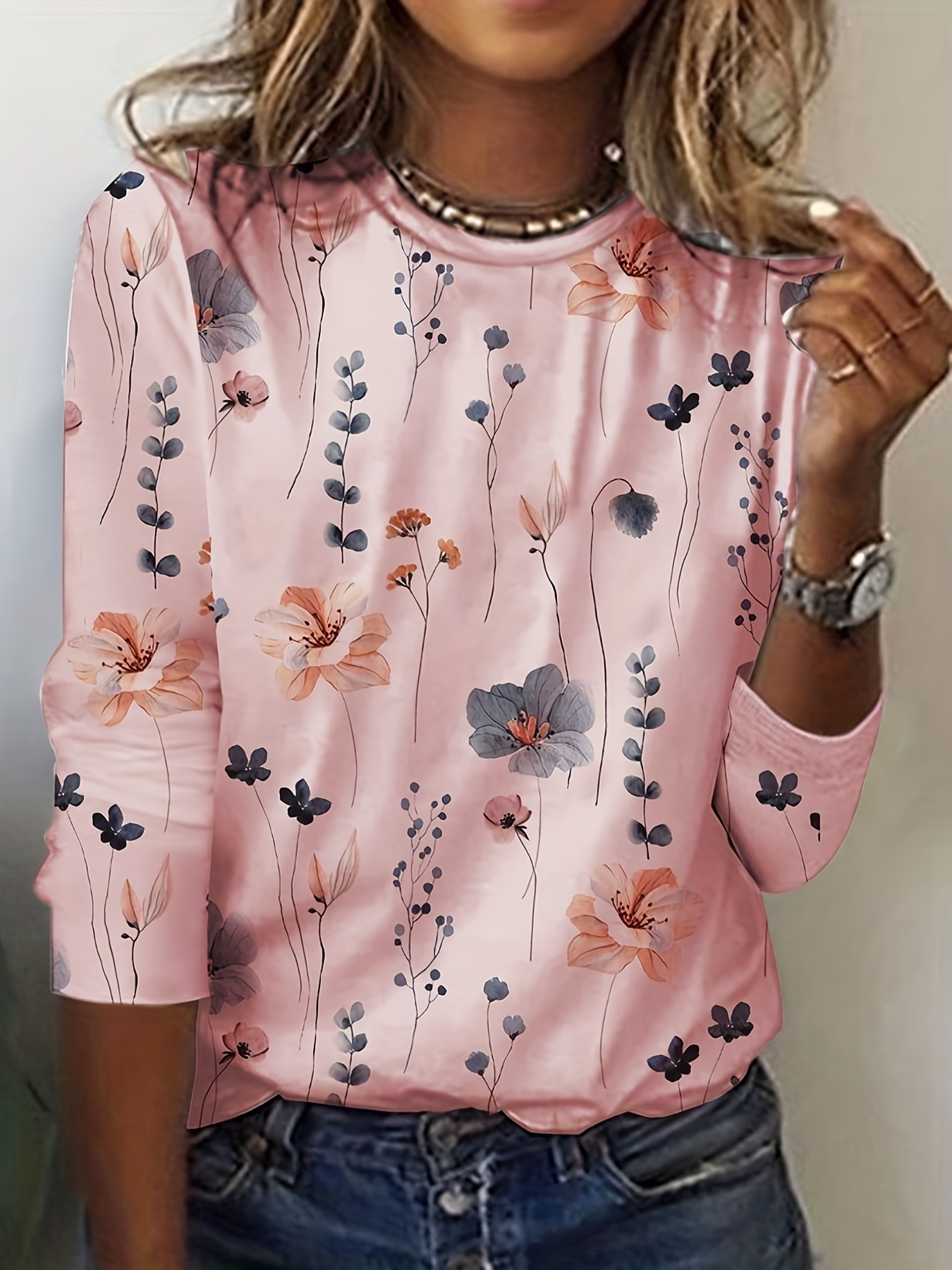 floral print crew neck t shirt casual long sleeve t shirt for spring summer womens clothing details 20