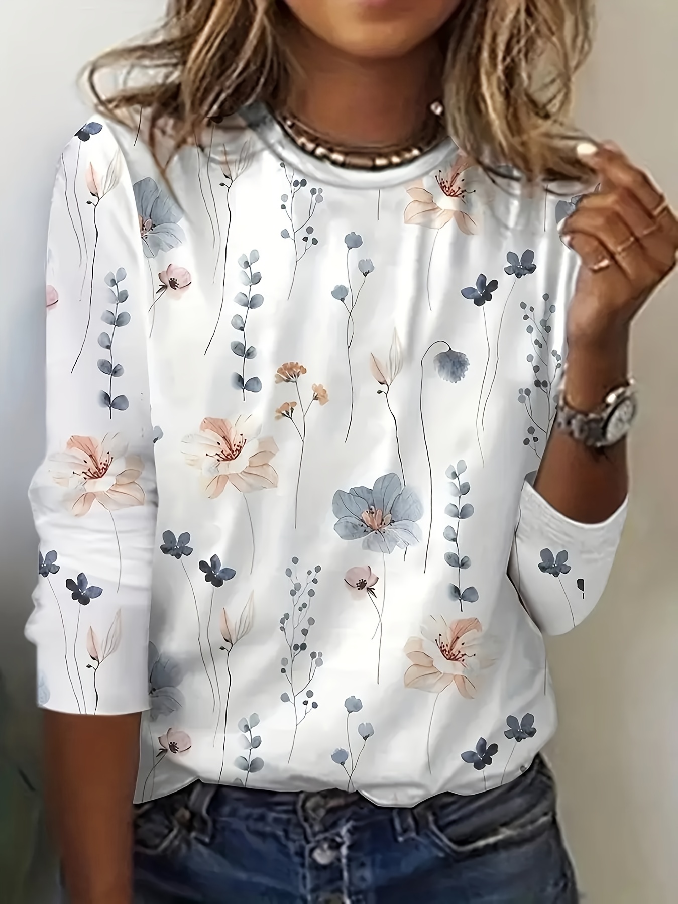 floral print crew neck t shirt casual long sleeve t shirt for spring summer womens clothing details 26