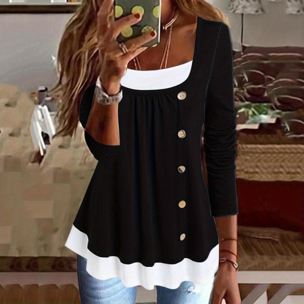 2 in 1 color block button front t shirt casual long sleeve t shirt for spring fall womens clothing details 0