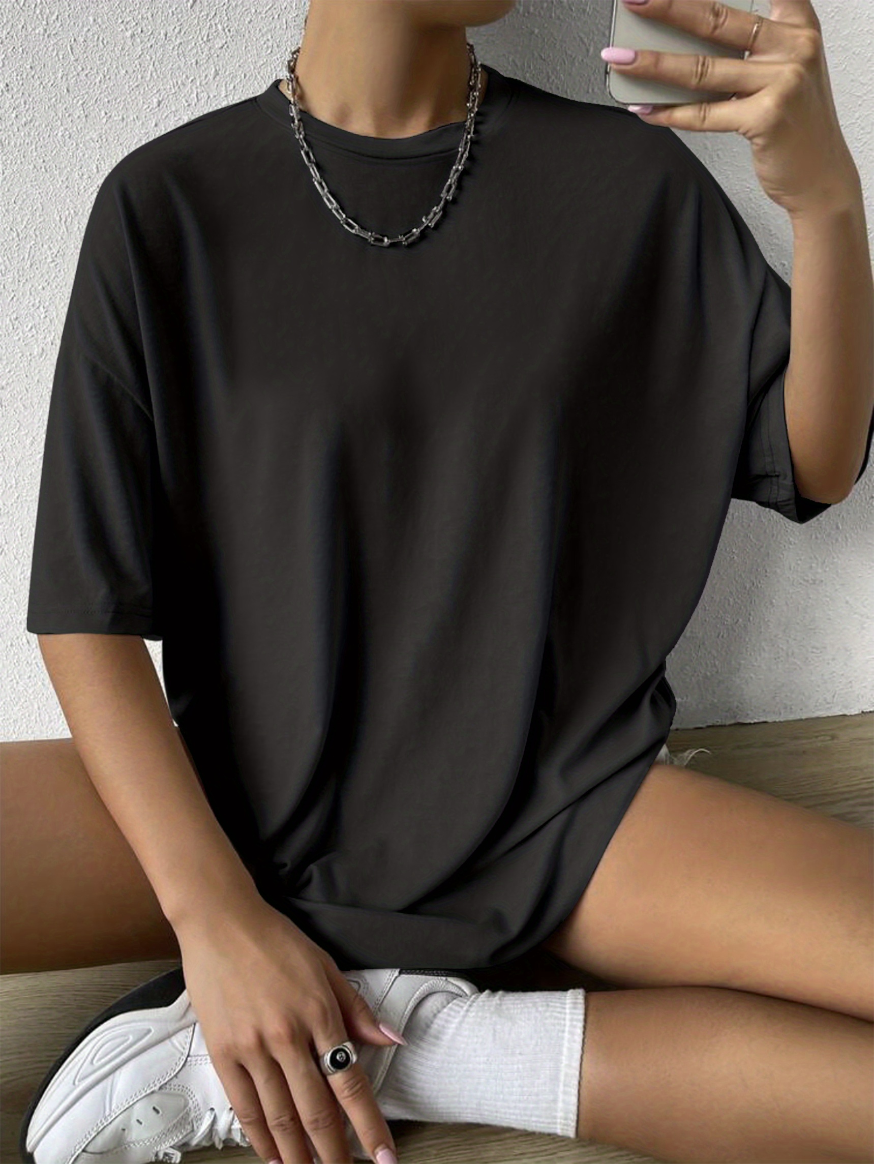 solid oversized t shirt, solid oversized t shirt casual crew neck short sleeve t shirt womens clothing details 0