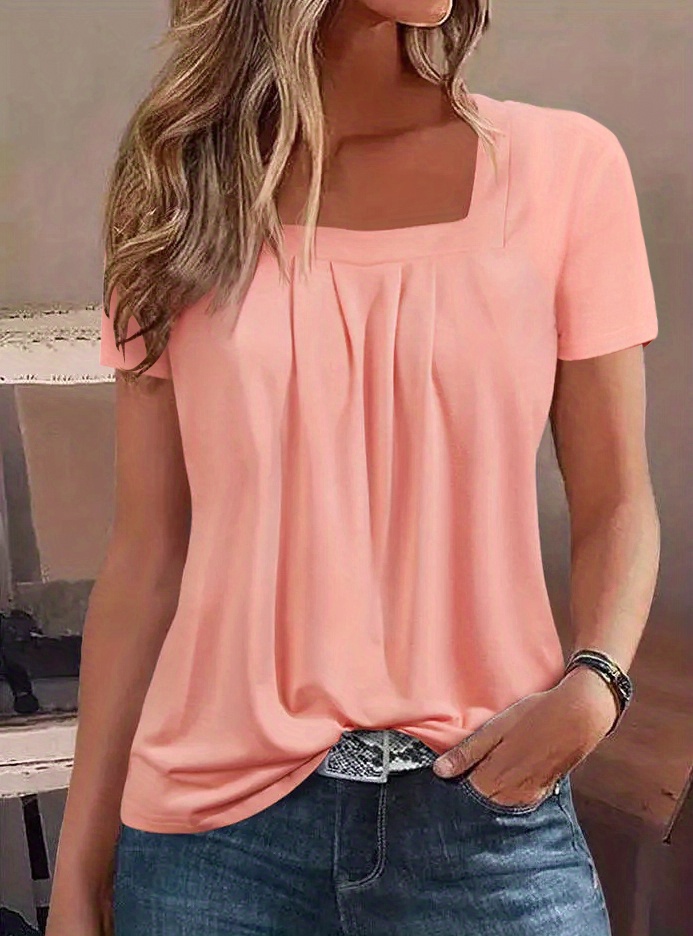 square neck tucked t shirt casual short sleeve t shirt for spring summer womens clothing details 3