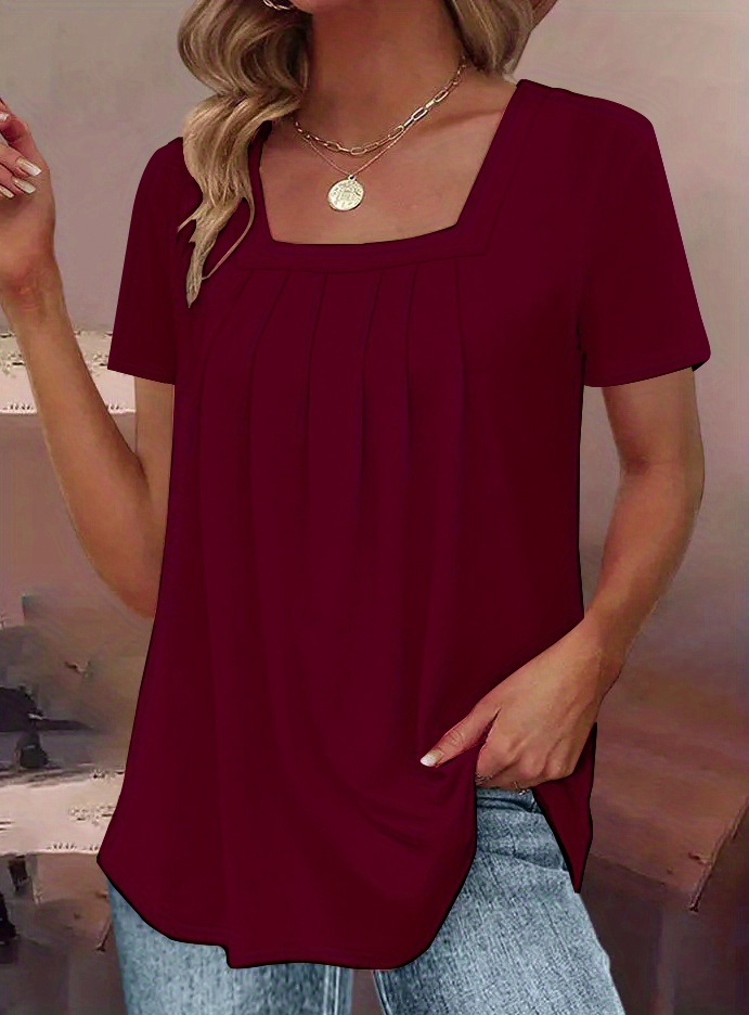 square neck tucked t shirt casual short sleeve t shirt for spring summer womens clothing details 8