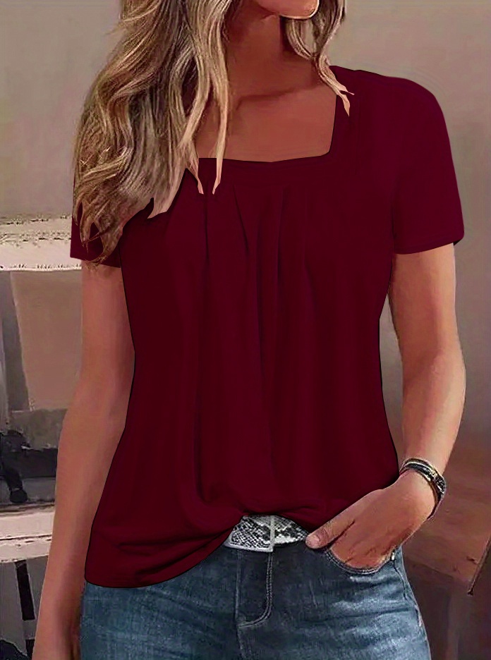 square neck tucked t shirt casual short sleeve t shirt for spring summer womens clothing details 9