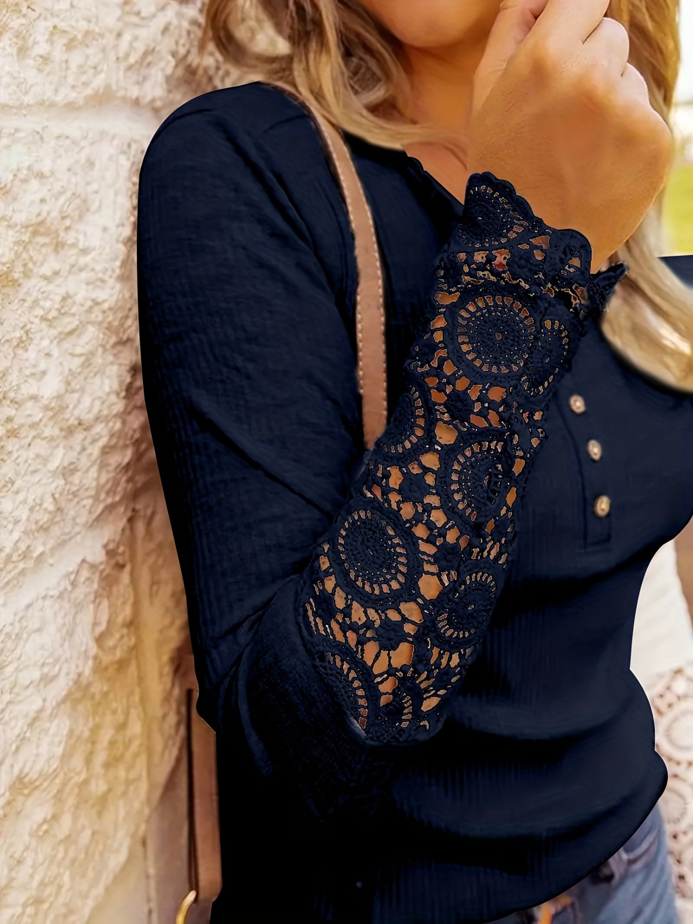 cutout contrast lace button front t shirt casual ribbed long sleeve top for spring fall womens clothing details 8