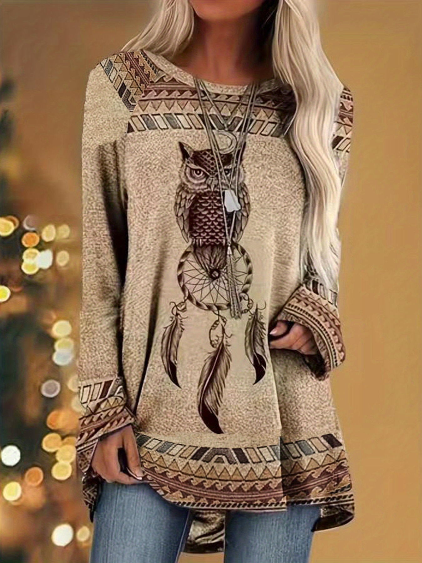 owl print raglan sleeve tunics vintage boho crew neck tunics womens clothing details 0