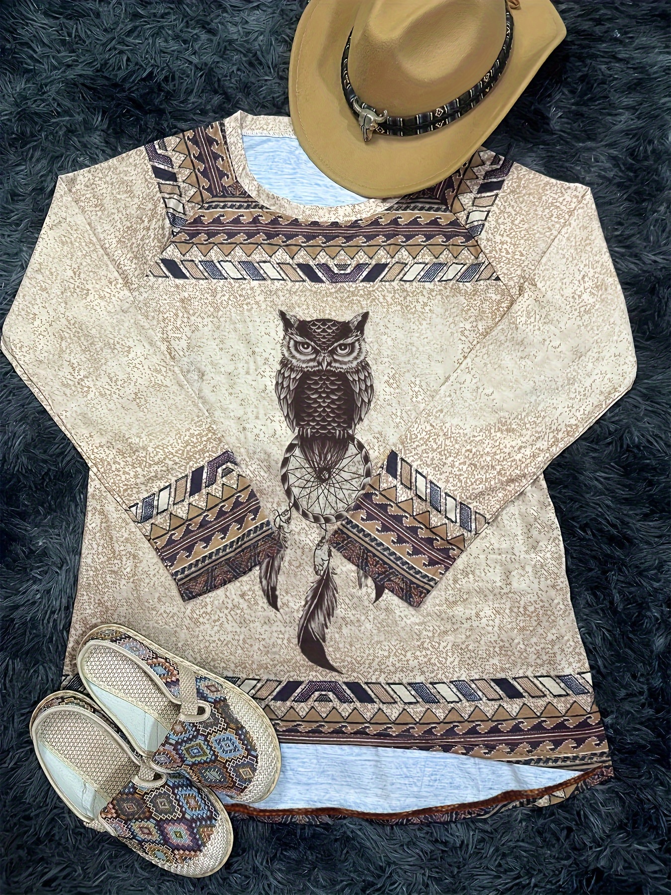 owl print raglan sleeve tunics vintage boho crew neck tunics womens clothing details 1