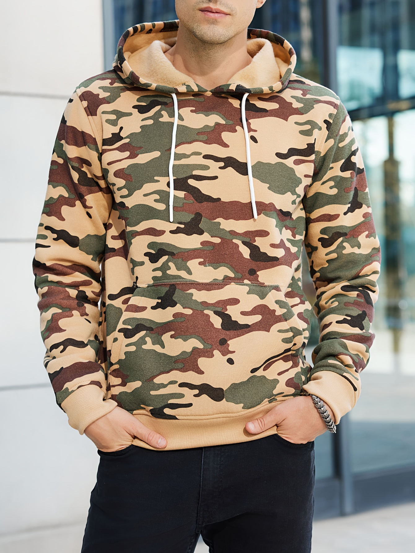 mens camo loose pullover hooded fleece sweatshirt for autumn and winter details 0