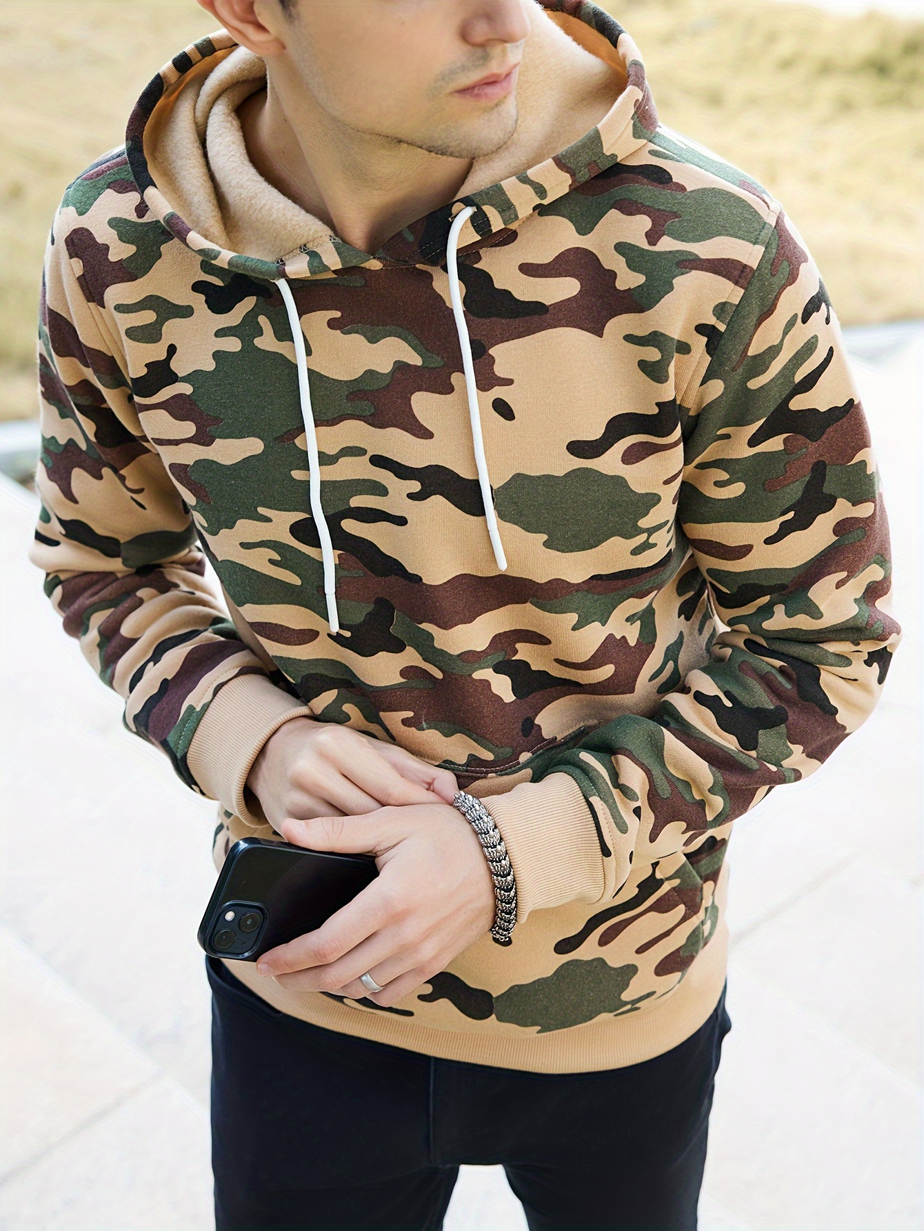 mens camo loose pullover hooded fleece sweatshirt for autumn and winter details 1