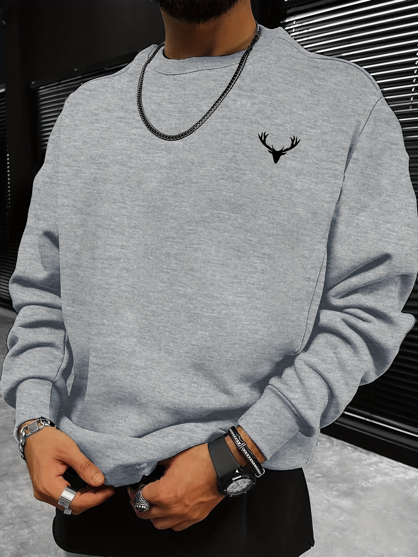 deer horn print mens round neck sweatshirt loose trendy pullover mens clothing for autumn winter details 6