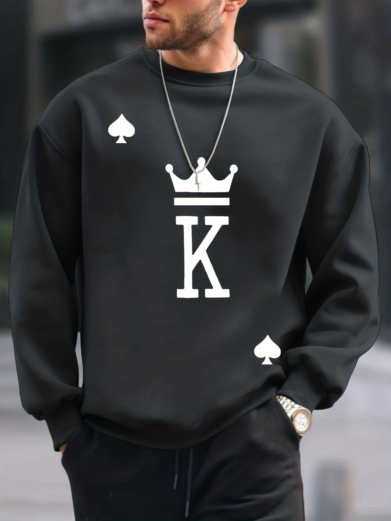 the king print trendy sweatshirt mens casual graphic design crew neck pullover sweatshirt for men fall winter details 0