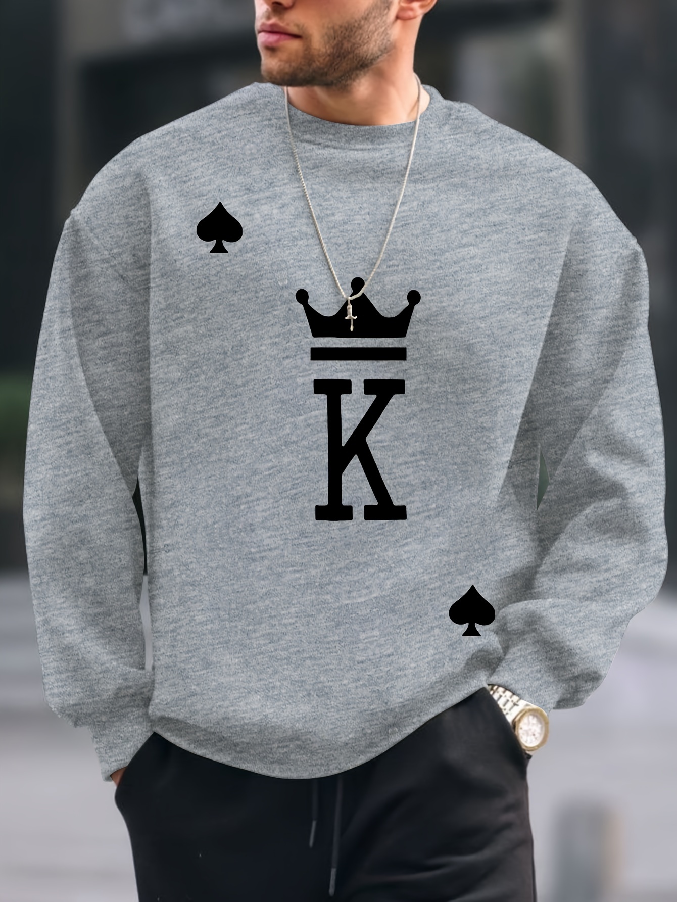 the king print trendy sweatshirt mens casual graphic design crew neck pullover sweatshirt for men fall winter details 5