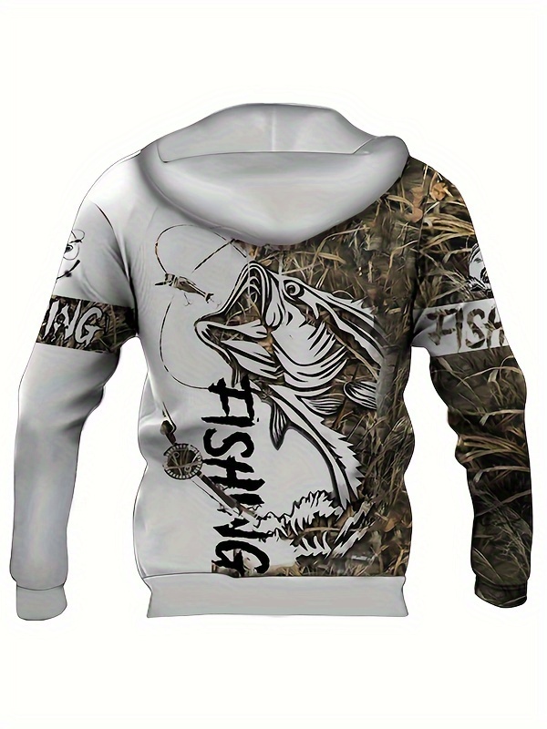 mens casual fishing pattern 3d print hooded sweatshirt details 3