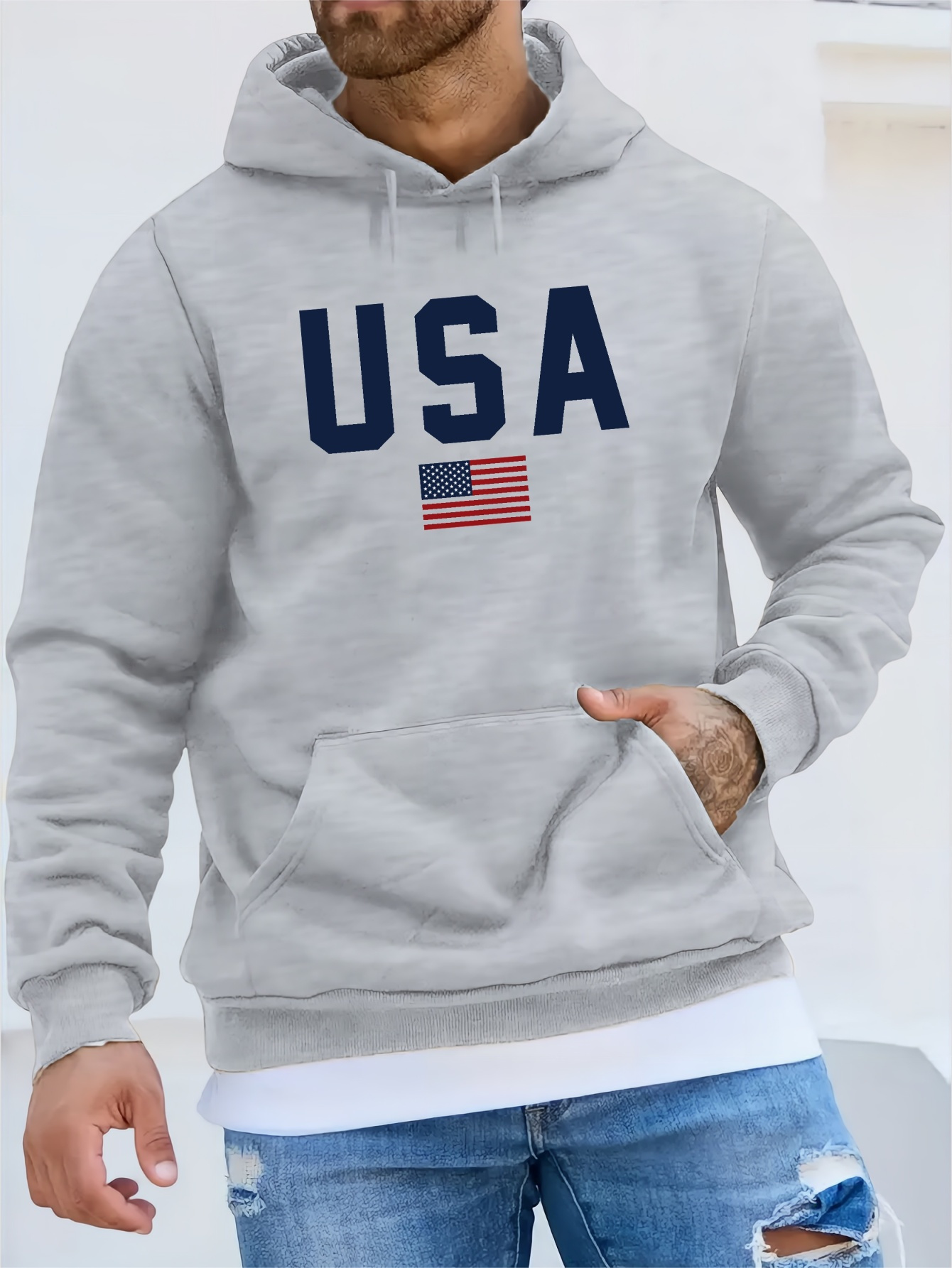 usa print hoodie cool hoodies for men mens casual pullover hooded sweatshirt with kangaroo pocket streetwear for winter fall as gifts details 0