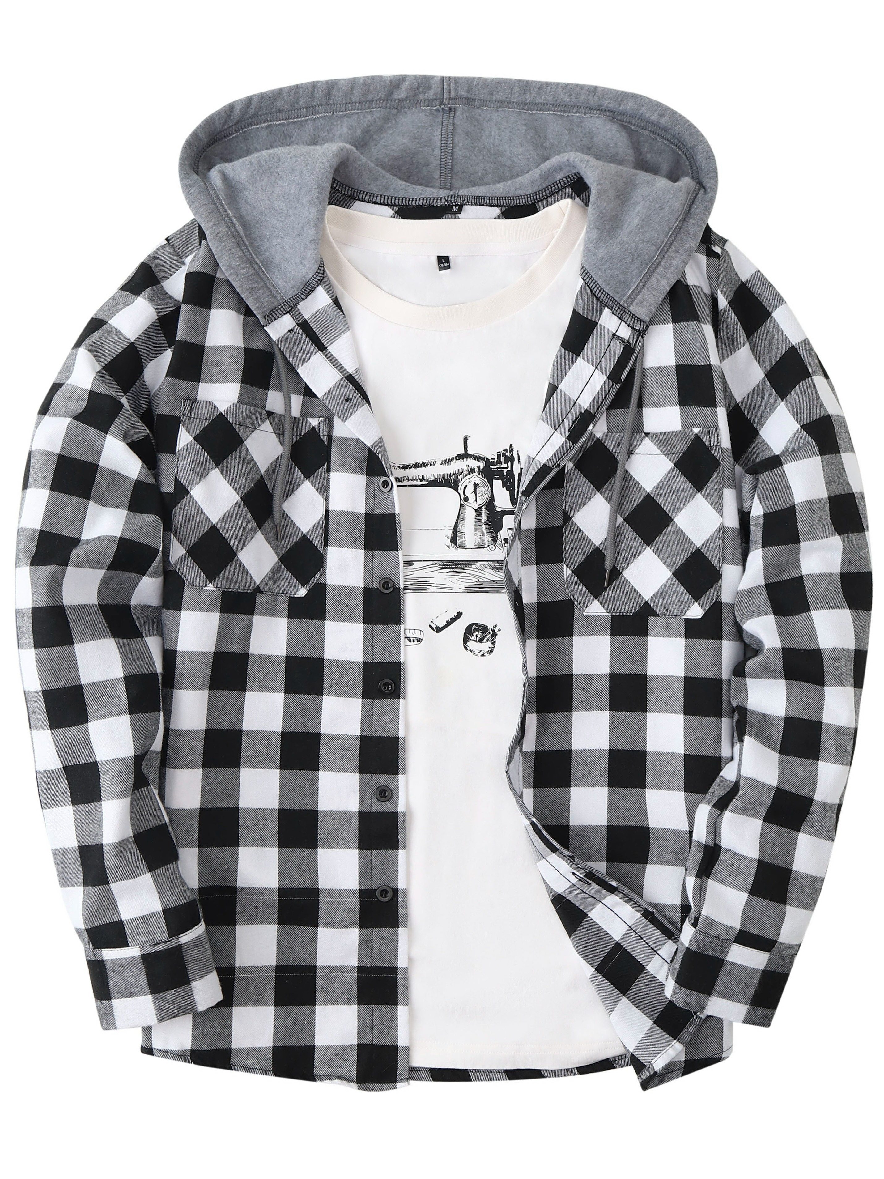 plaid shirt coat for men long sleeve casual regular fit button up hooded shirts jacket details 0