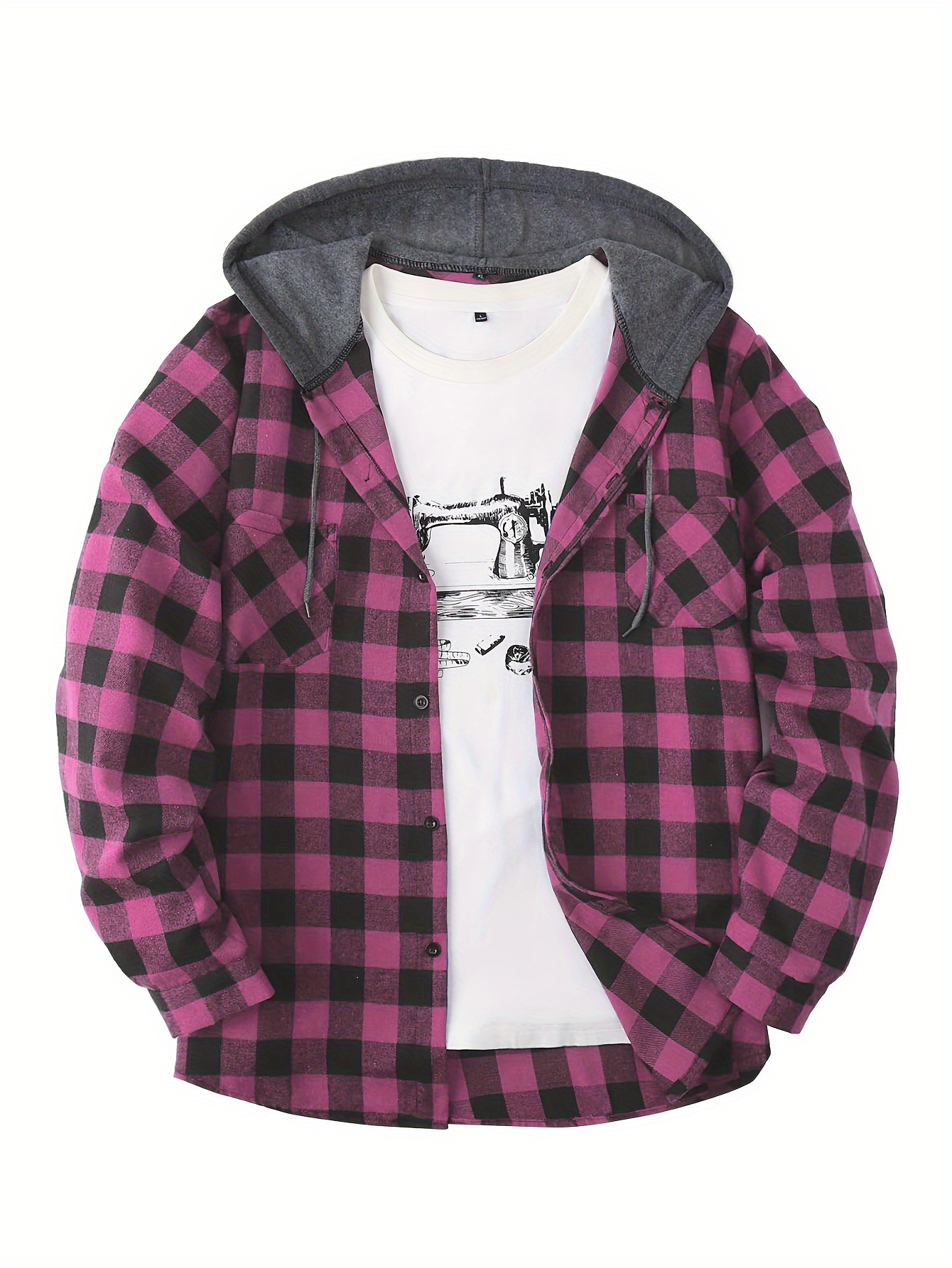 plaid shirt coat for men long sleeve casual regular fit button up hooded shirts jacket details 5