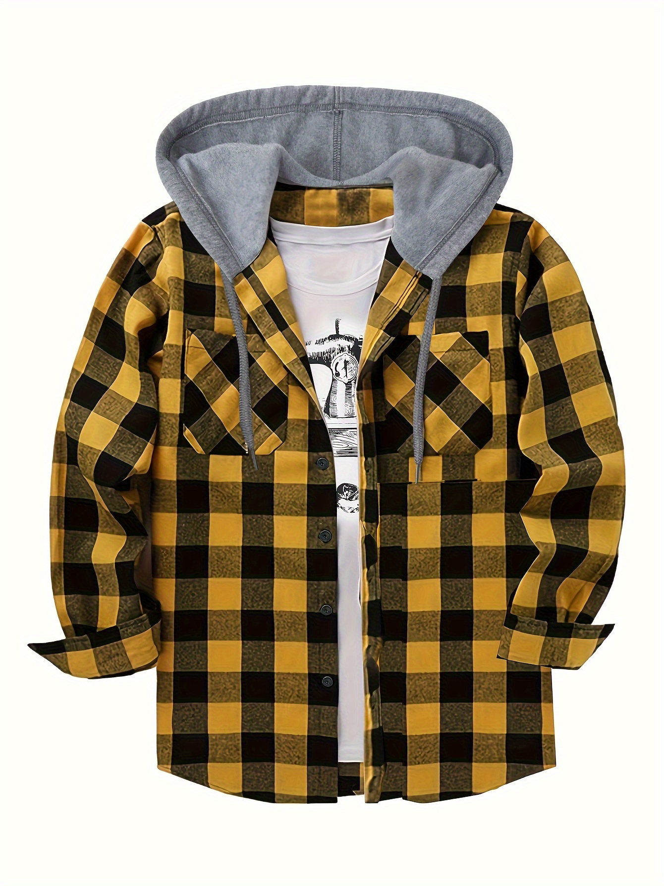 plaid shirt coat for men long sleeve casual regular fit button up hooded shirts jacket details 20