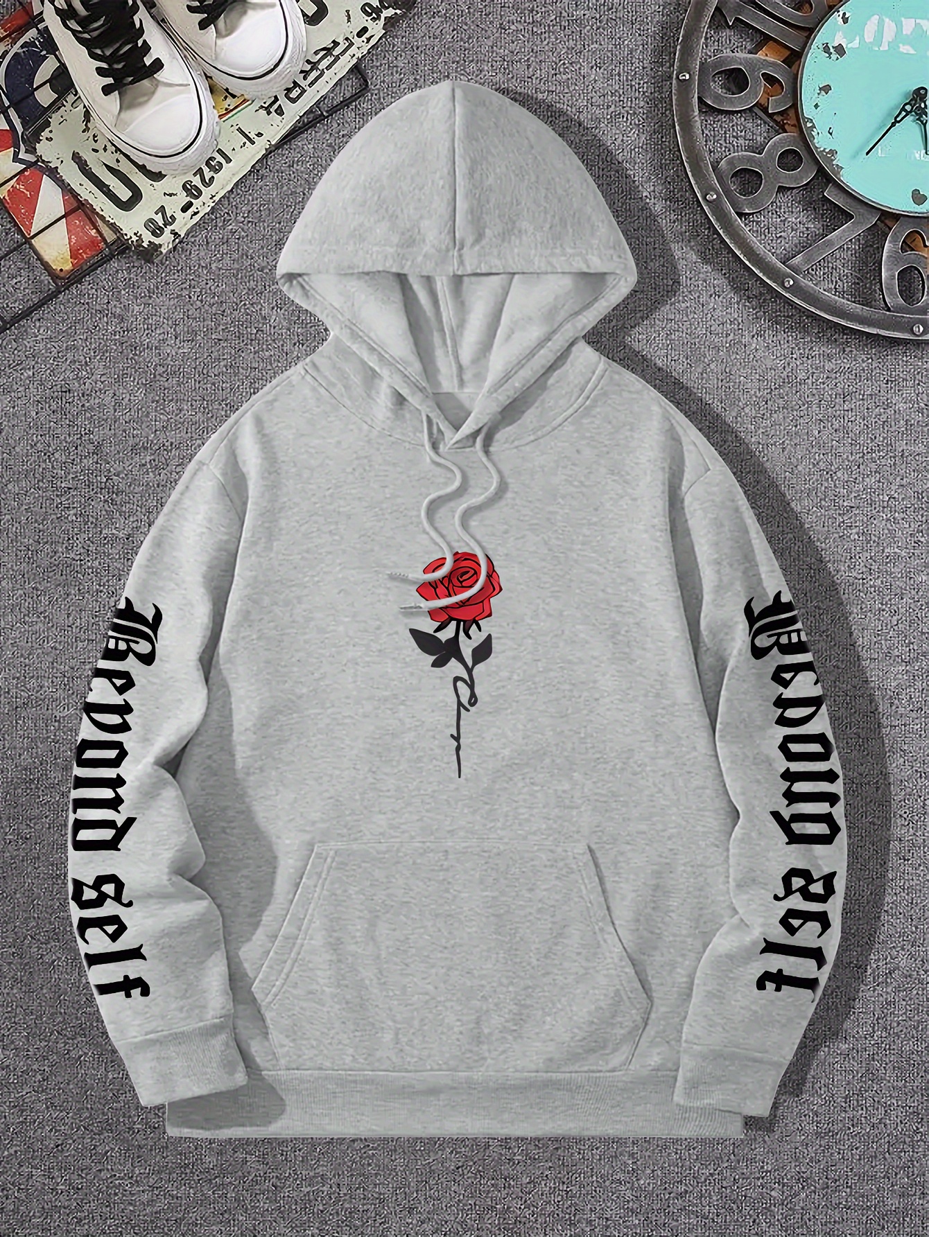 rose artistic letters print mens pullover round neck long sleeve hooded sweatshirt pattern loose casual top for autumn winter mens clothing as gifts details 15