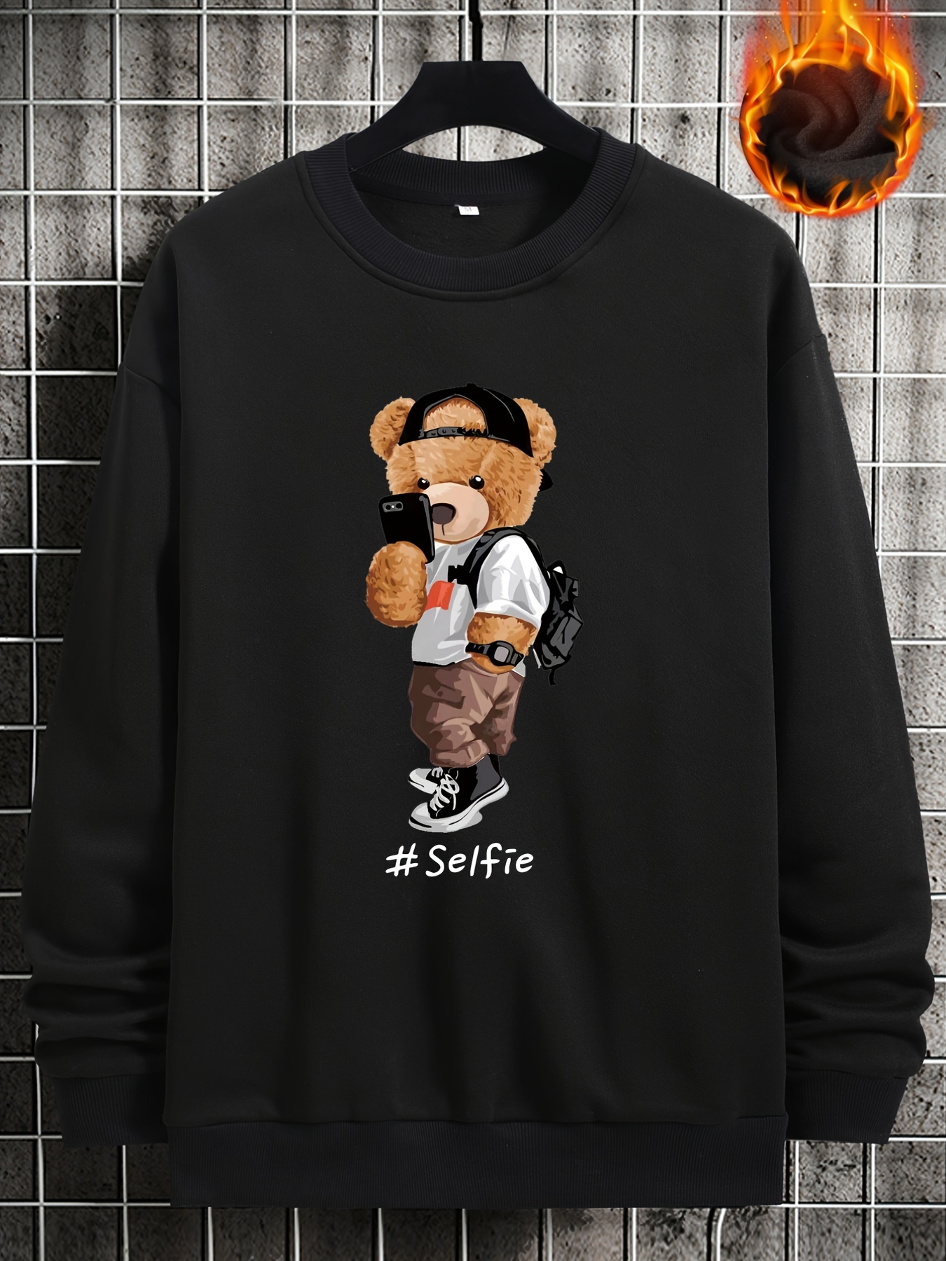 mens cartoon bear selfie print casual round neck pullover sweatshirt details 0