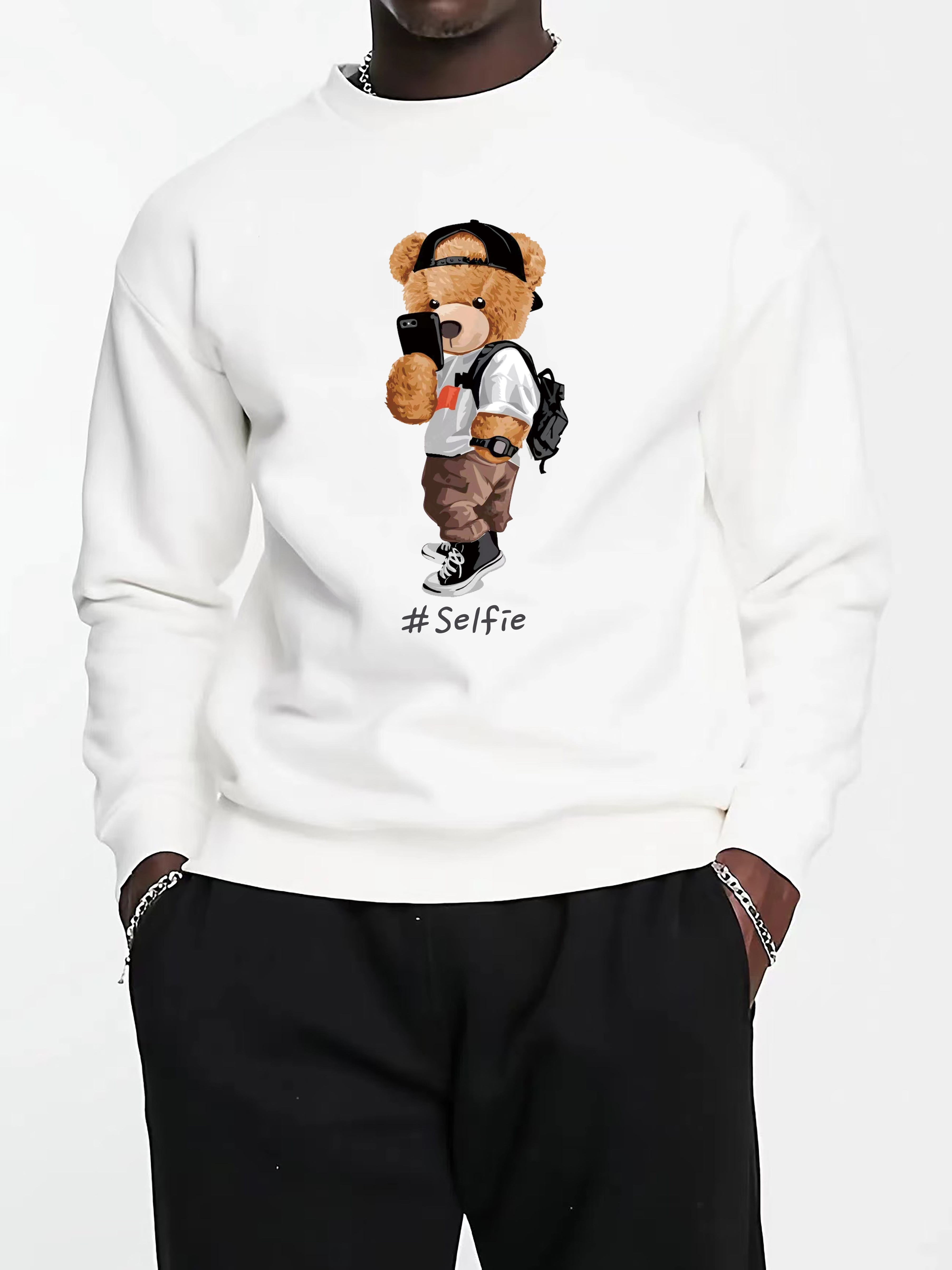 mens cartoon bear selfie print casual round neck pullover sweatshirt details 5