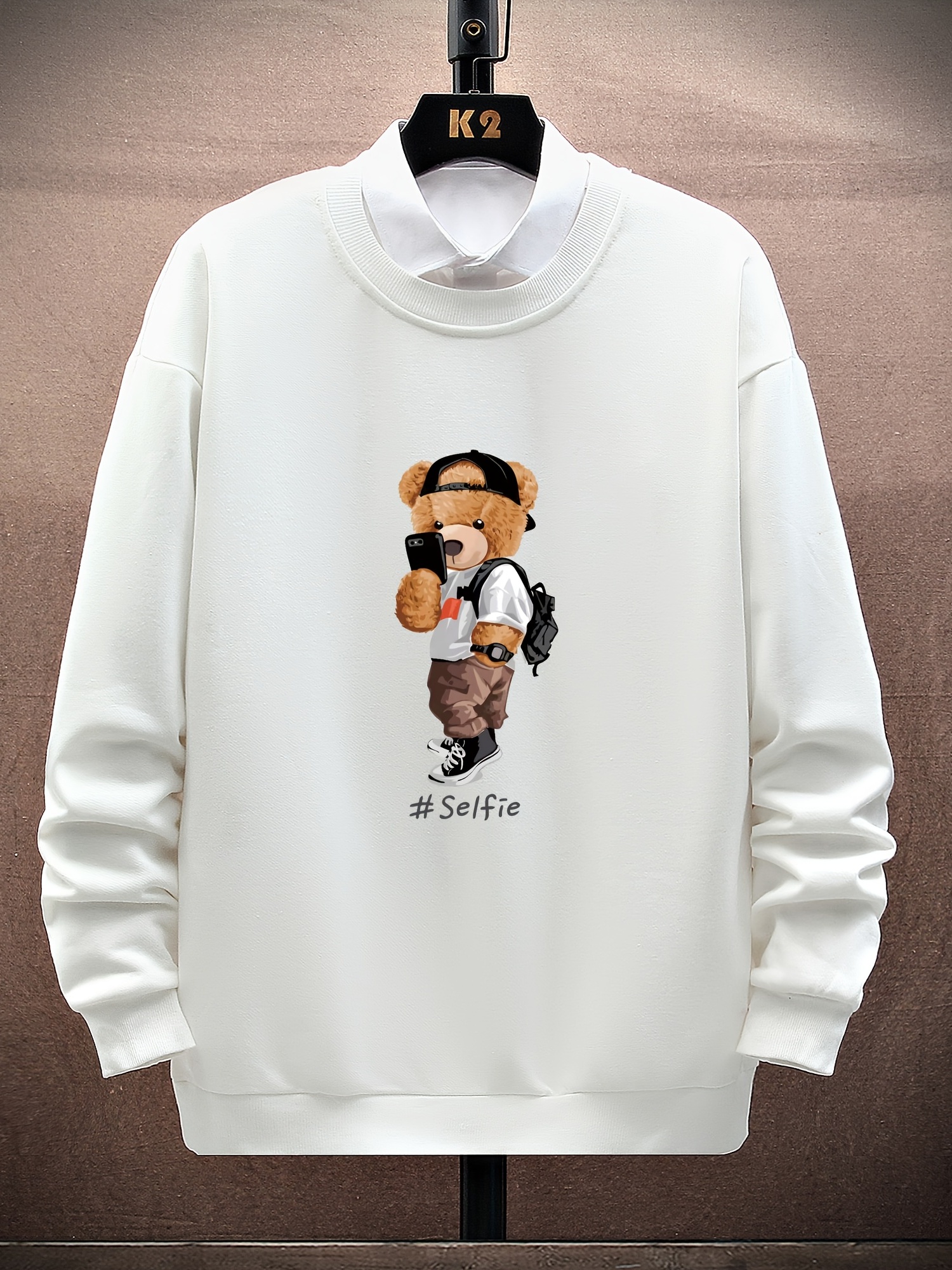 mens cartoon bear selfie print casual round neck pullover sweatshirt details 6