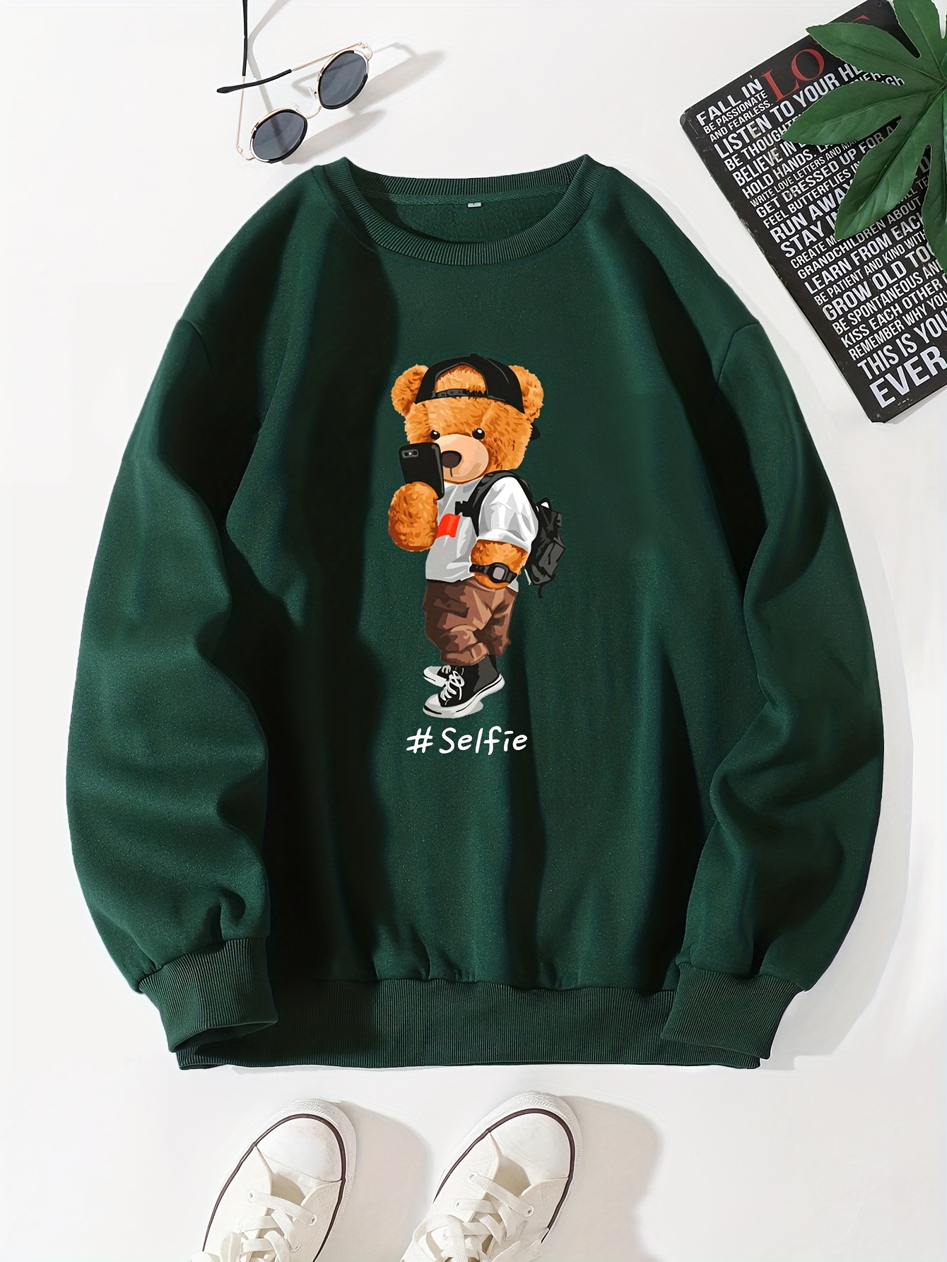 mens cartoon bear selfie print casual round neck pullover sweatshirt details 10