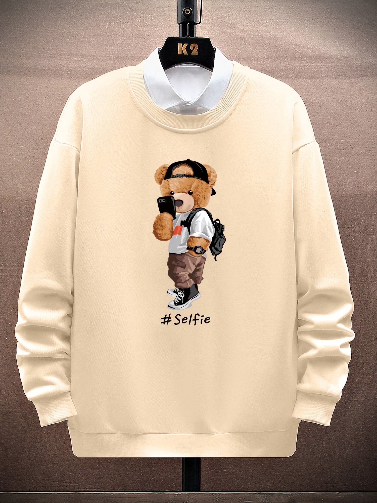 mens cartoon bear selfie print casual round neck pullover sweatshirt details 15