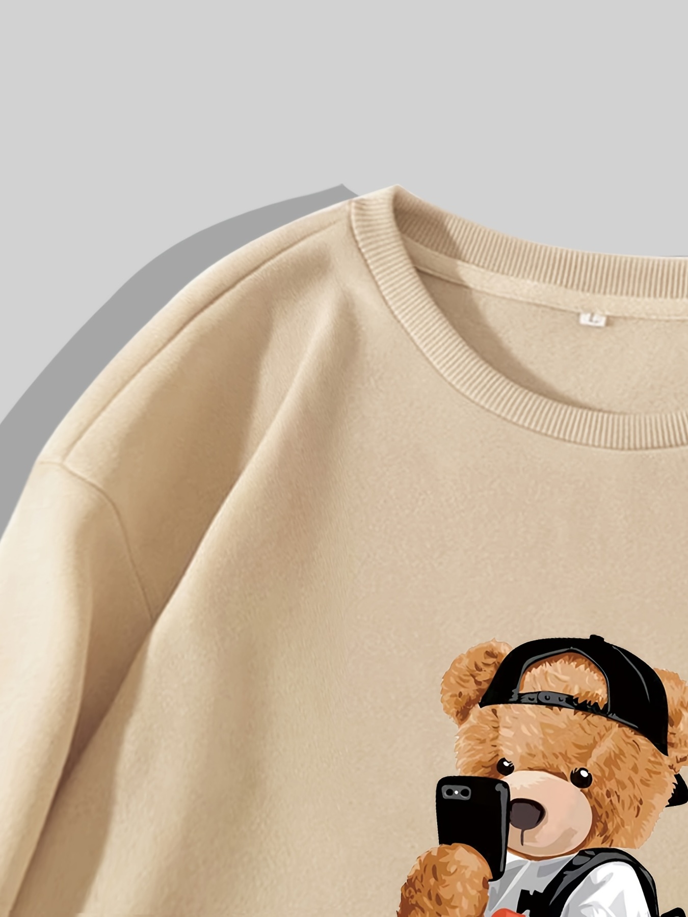 mens cartoon bear selfie print casual round neck pullover sweatshirt details 19