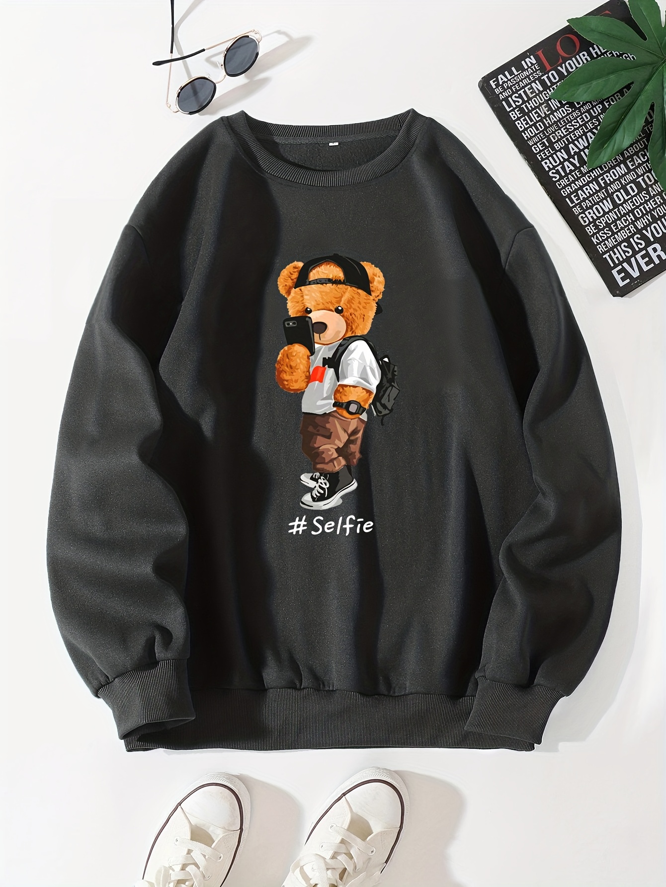 mens cartoon bear selfie print casual round neck pullover sweatshirt details 20