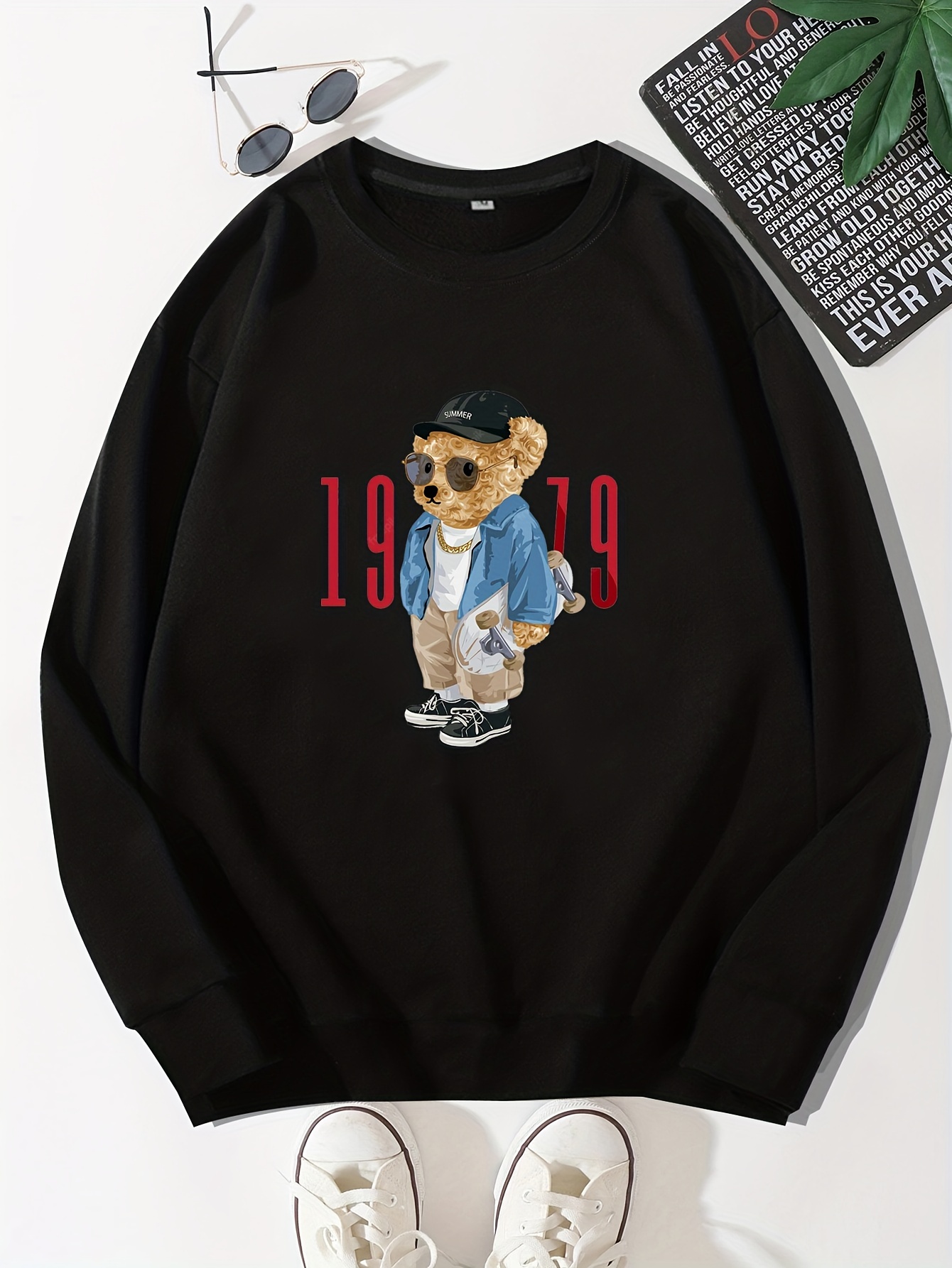 mens cartoon bear selfie print casual round neck pullover sweatshirt details 26