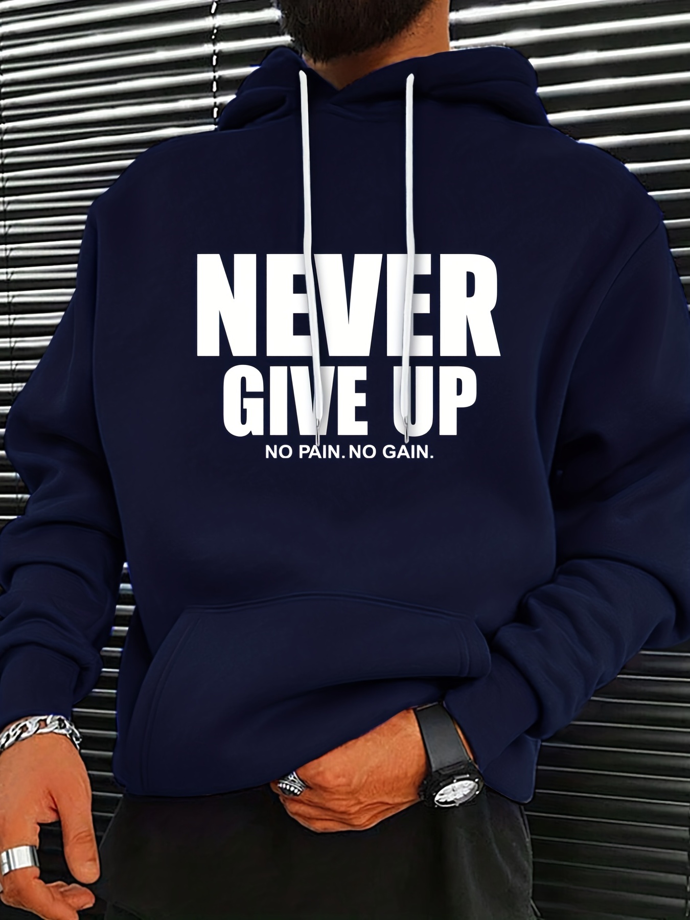 never give up print hoodie cool hoodies for men mens casual graphic design pullover hooded sweatshirt with kangaroo pocket streetwear for winter fall as gifts details 0