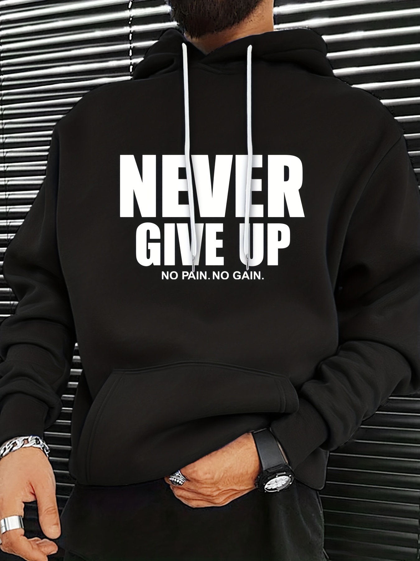 never give up print hoodie cool hoodies for men mens casual graphic design pullover hooded sweatshirt with kangaroo pocket streetwear for winter fall as gifts details 5