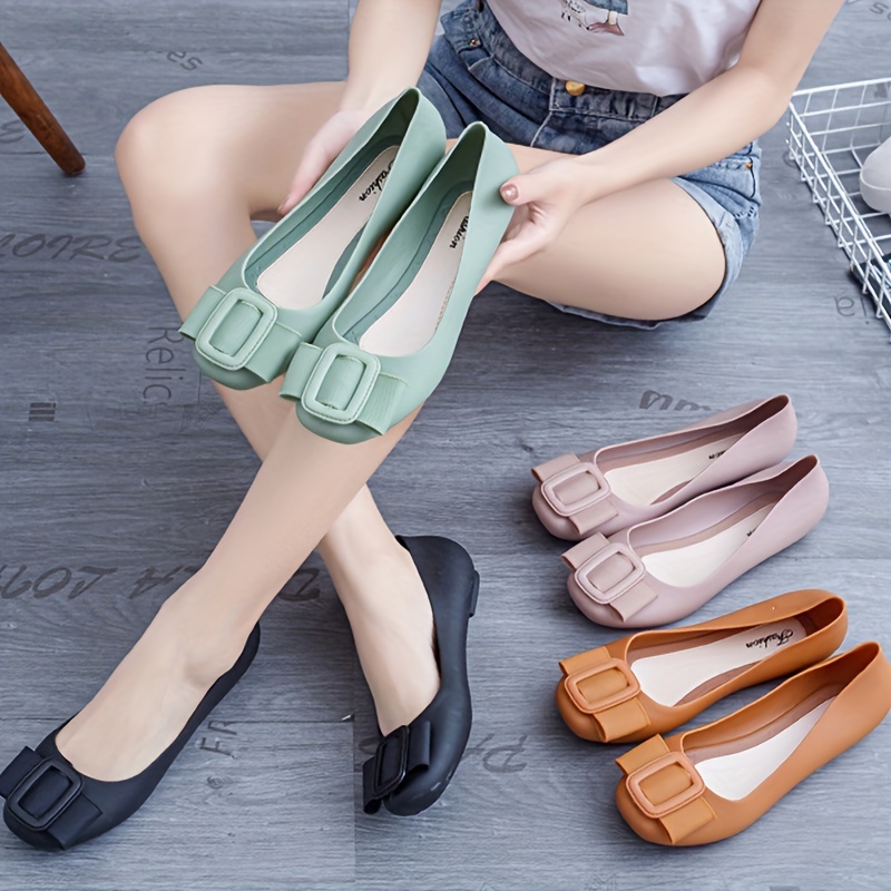 womens buckle decor flat shoes solid color pvc slip on shoes casual all match daily flats details 1