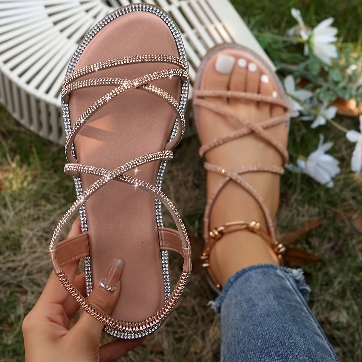 womens rhinestone band flat sandals fashion open toe crisscross summer shoes casual elastic band slip on beach sandals details 3