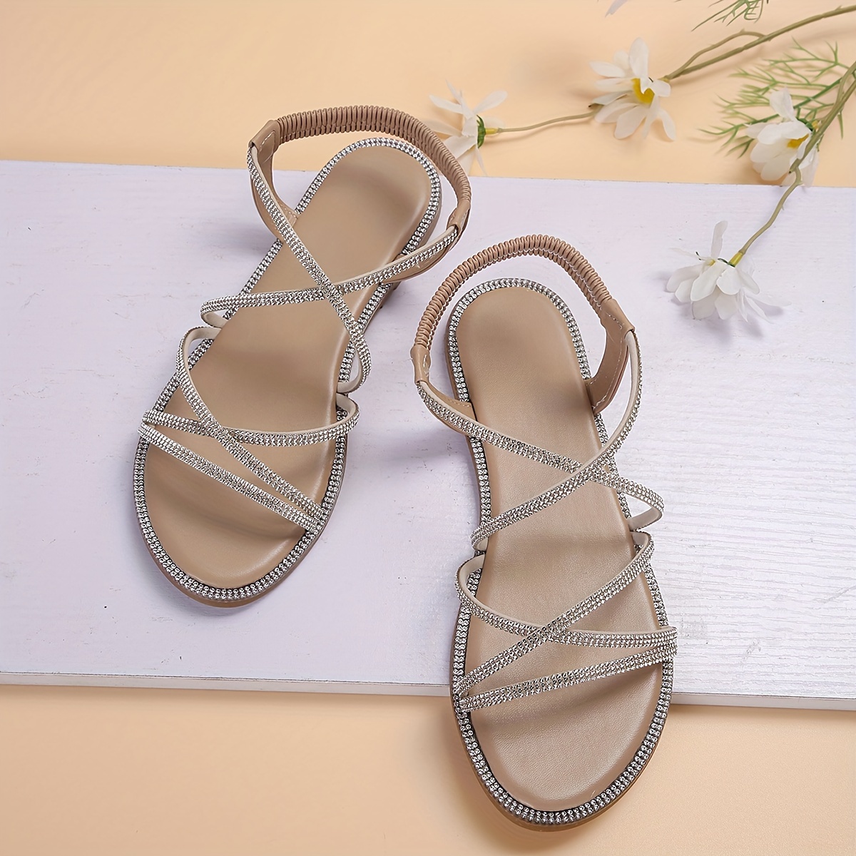 womens rhinestone band flat sandals fashion open toe crisscross summer shoes casual elastic band slip on beach sandals details 9